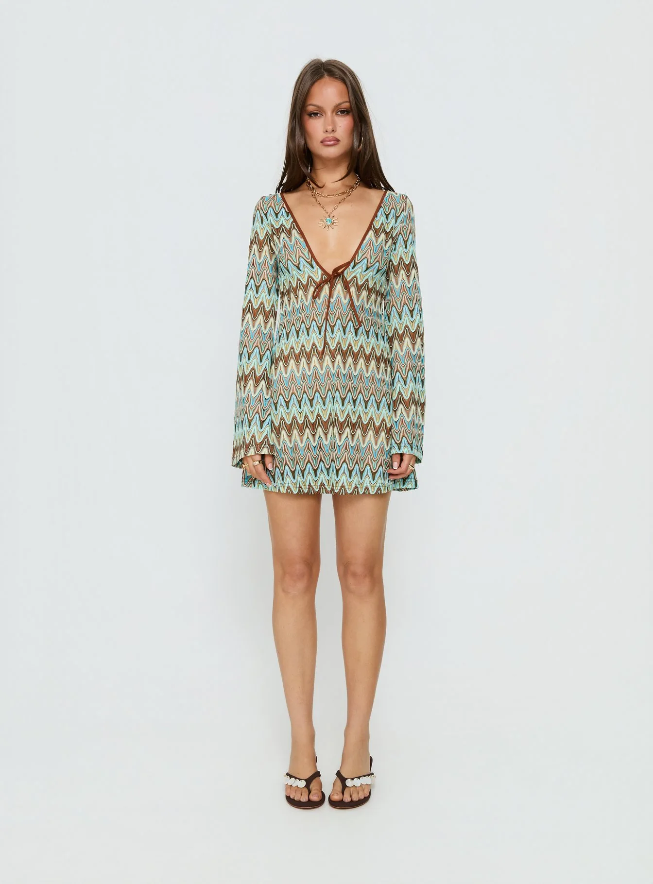 Rizario Long Sleeve Crochet Mini Dress Blue Multi - Image 7