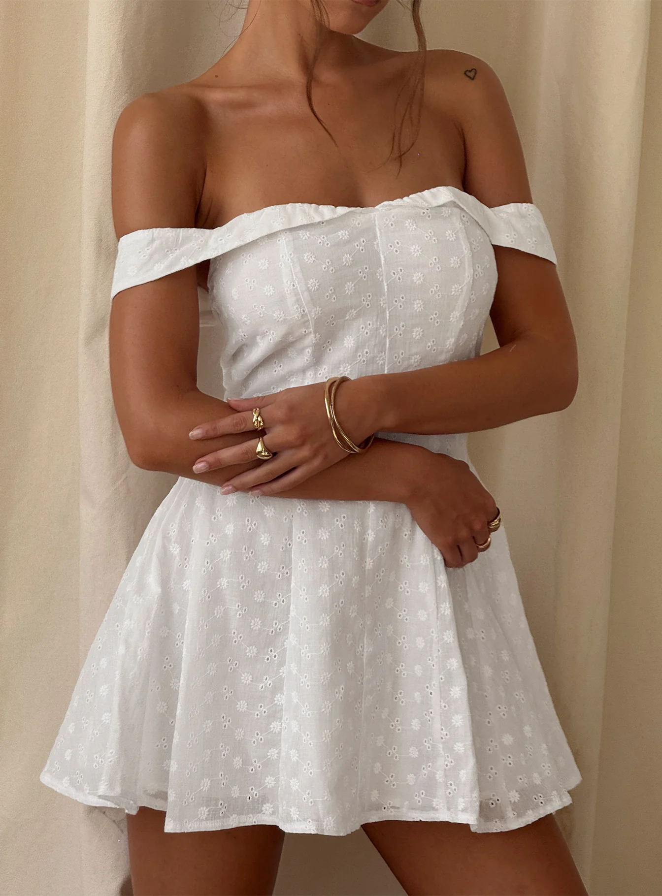 Rosebud Broderie Off The Shoulder Mini Dress White - Image 14