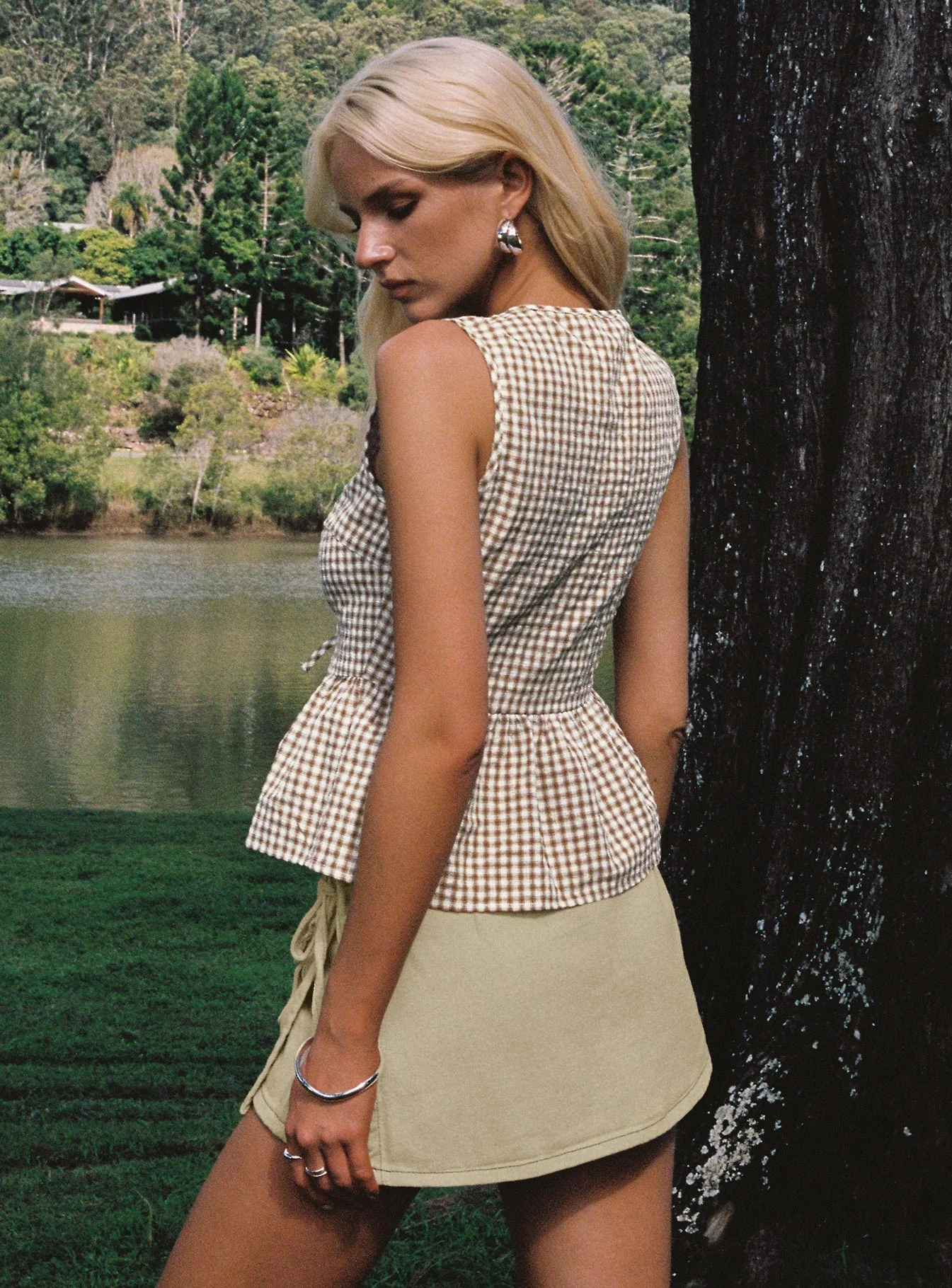 Rosellah Tie Up Top Brown Check - Image 4