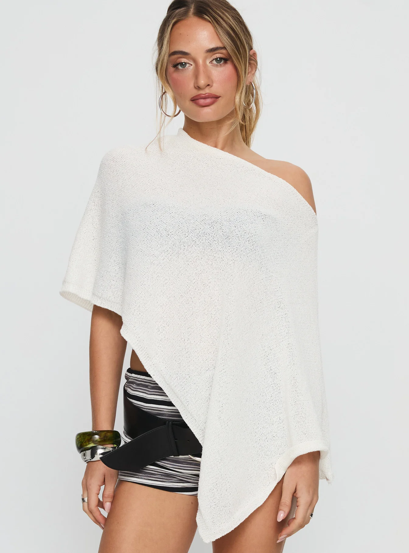 Rouse Off Shoulder Knit Poncho White - Image 2