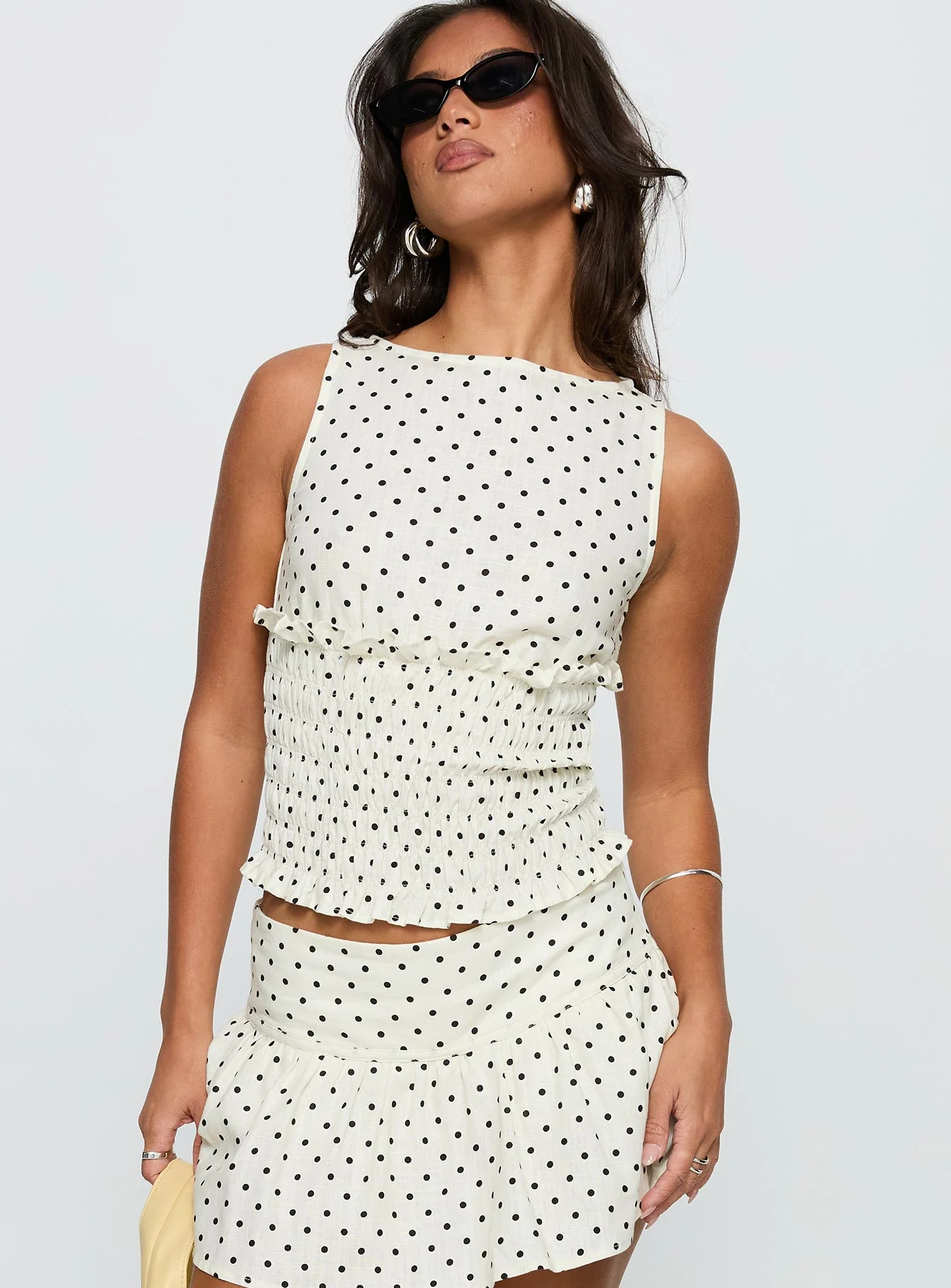 Roxee Ruched Linen Blend Top Cream Polka Dot - Image 2