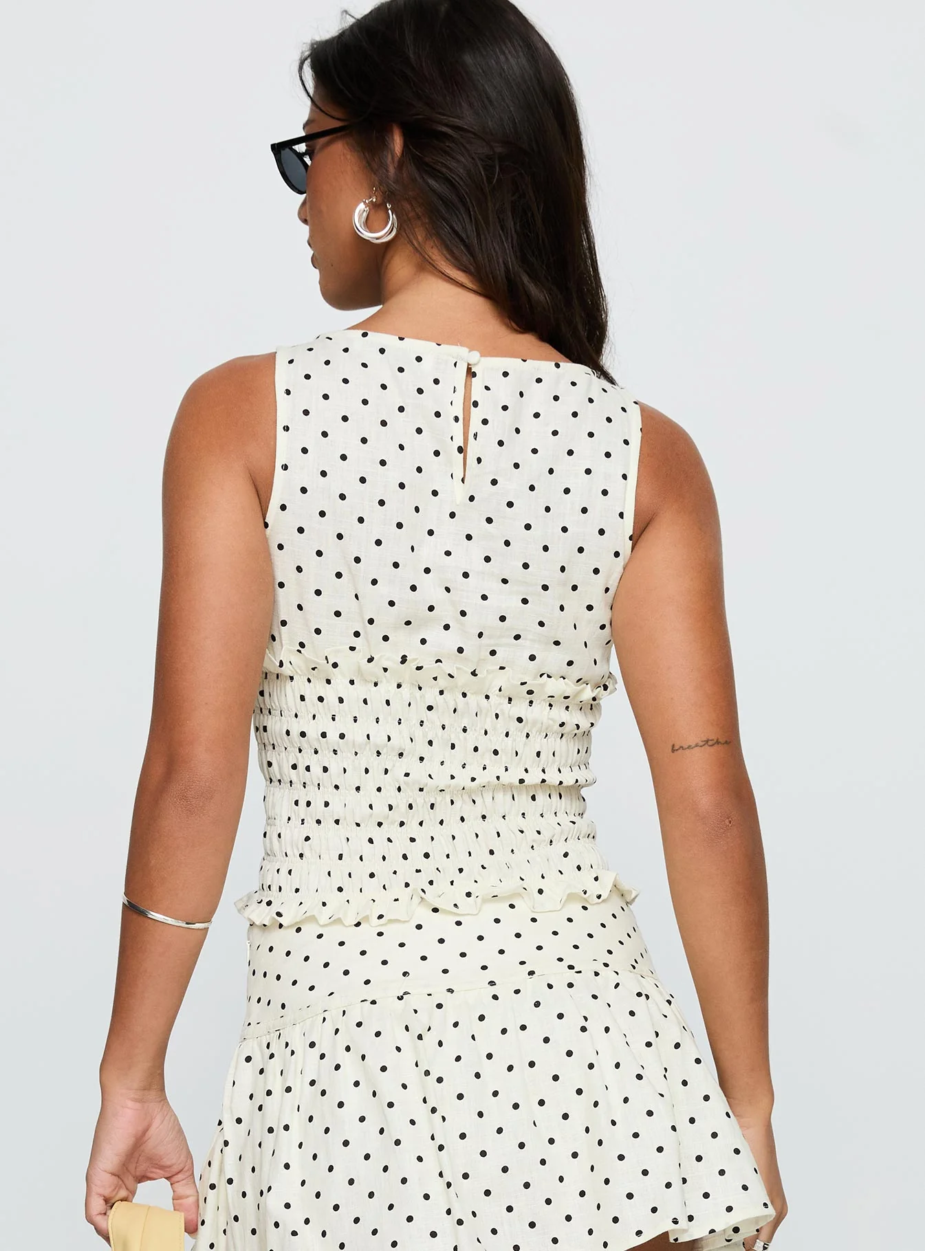 Roxee Ruched Linen Blend Top Cream Polka Dot - Image 5
