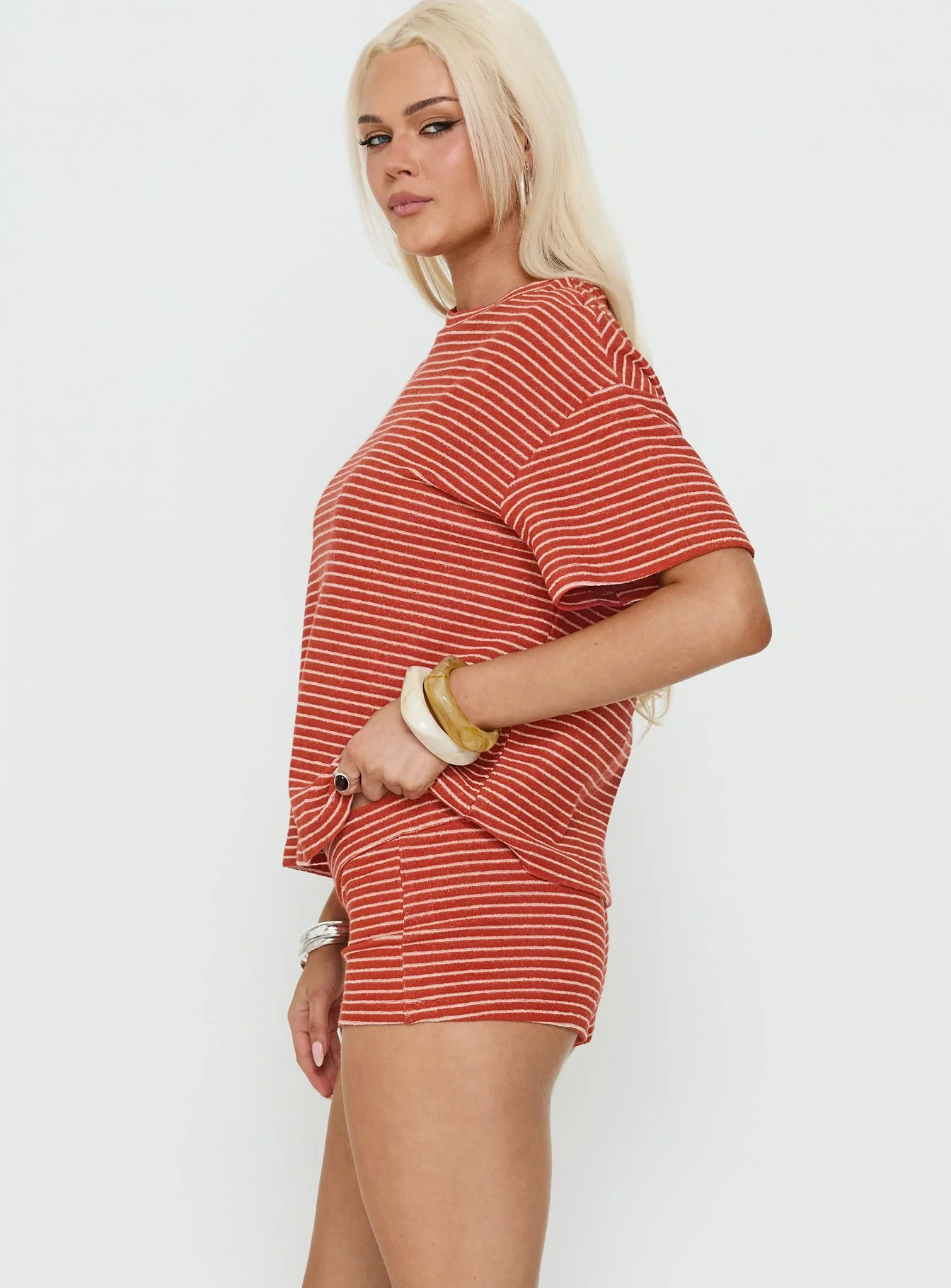 Rubez Terry Towelling Micro Shorts Burnt Orange Stripe - Image 4