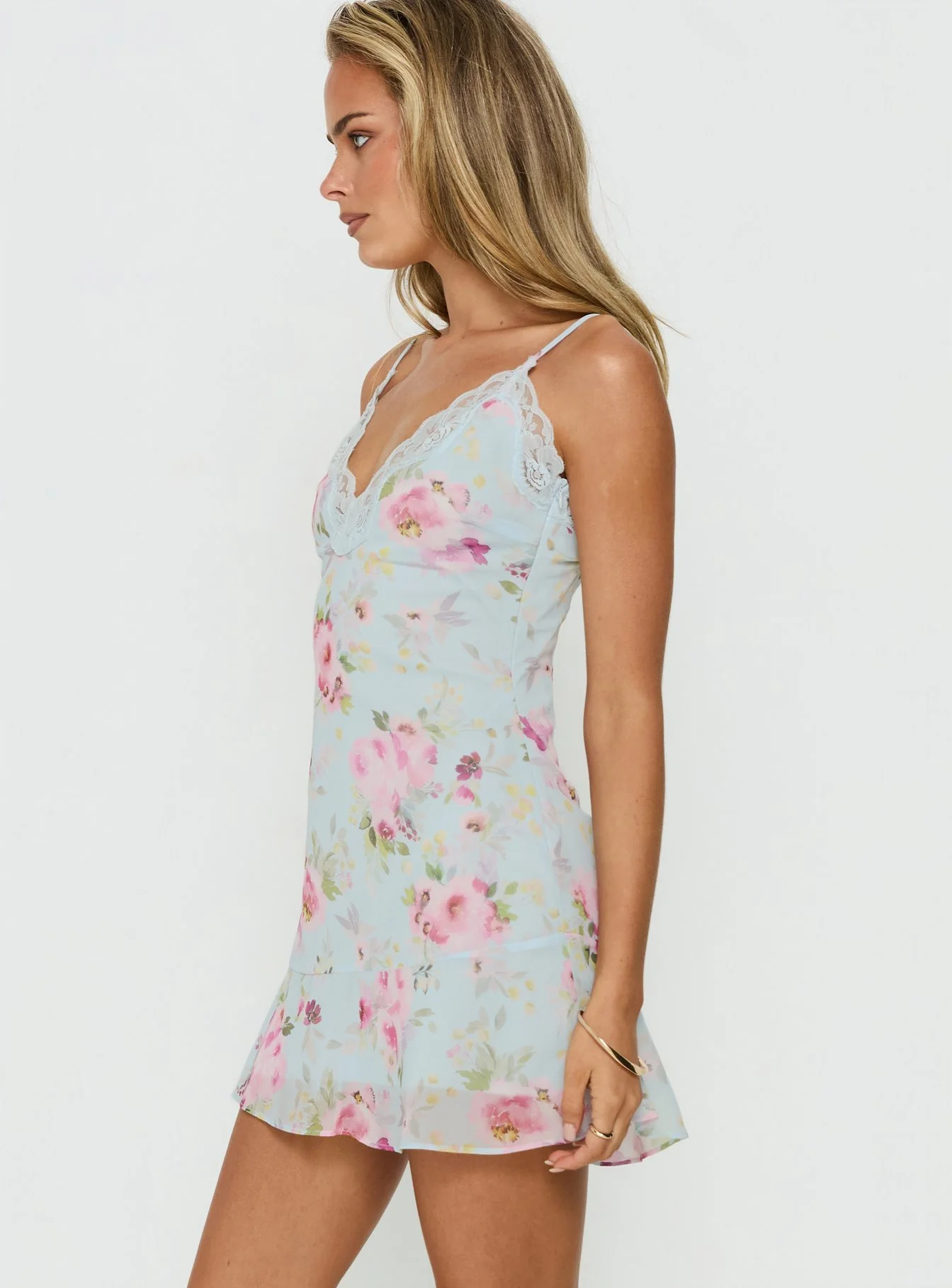 Sandia Lace Trim Mini Dress Blue Floral - Image 4