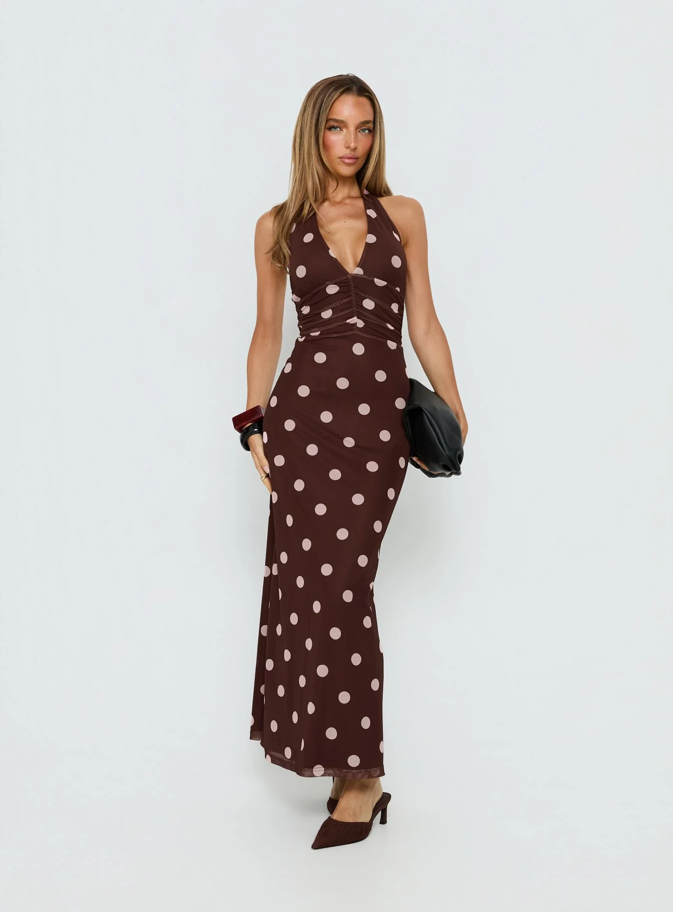 Saviana Halter Ruched Maxi Dress Chocolate / Pink Polka Dot - Image 2