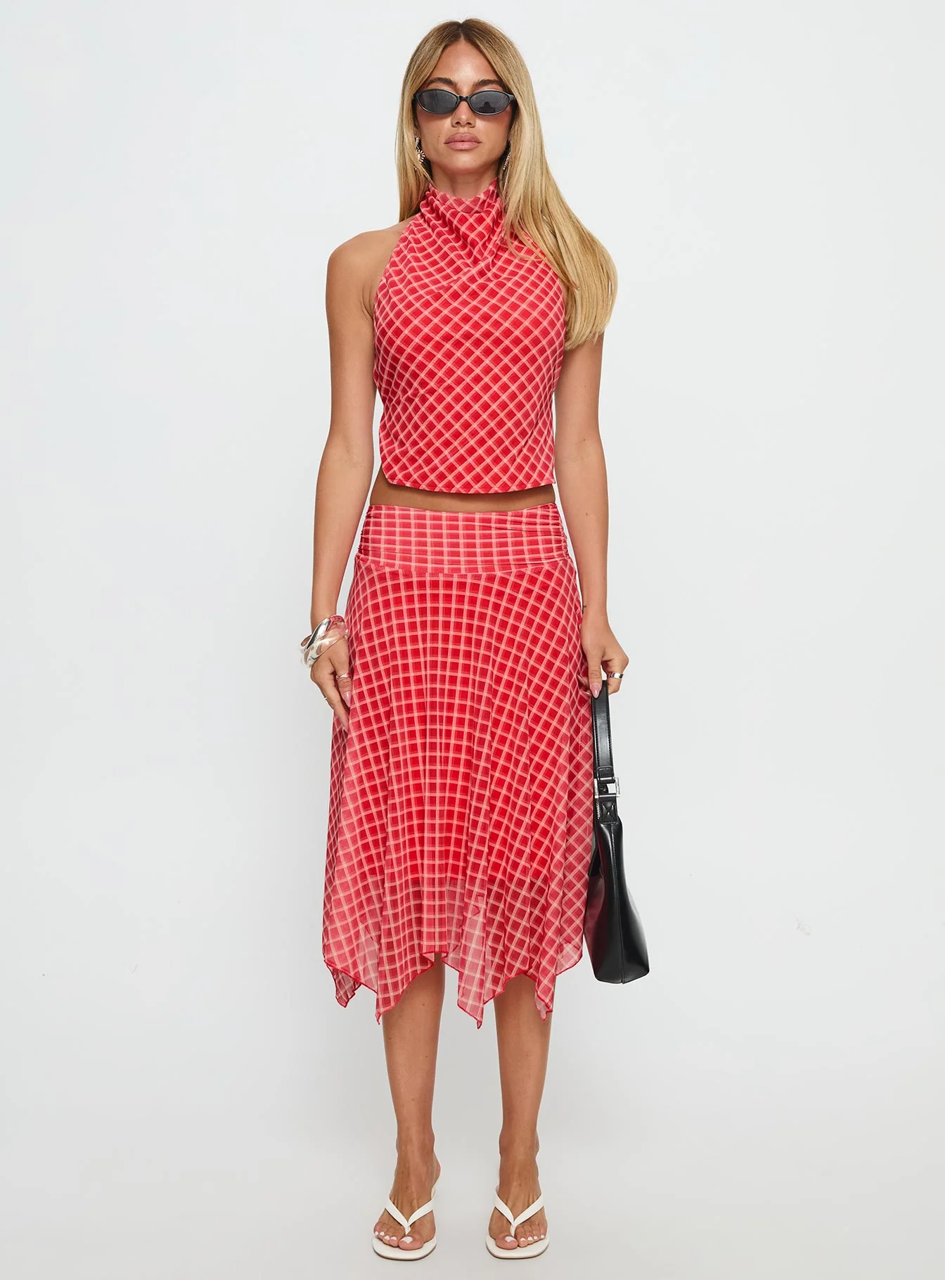 Scenic Route Asymmetrical Midi Skirt Red Check - Image 7