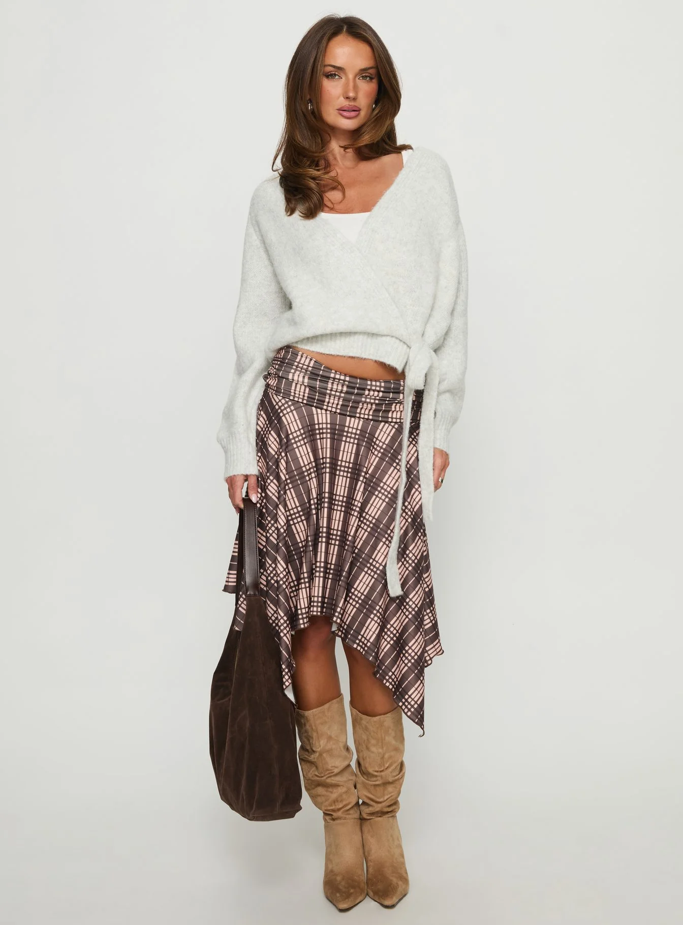 Scholar Asymmetrical Midi Skirt Brown Check - Image 3