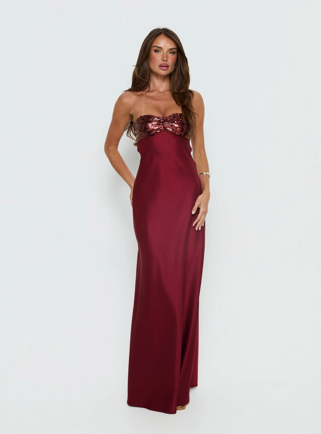 See The Vision Sequin Bust Strapless Maxi Dress Burgundy - Image 2