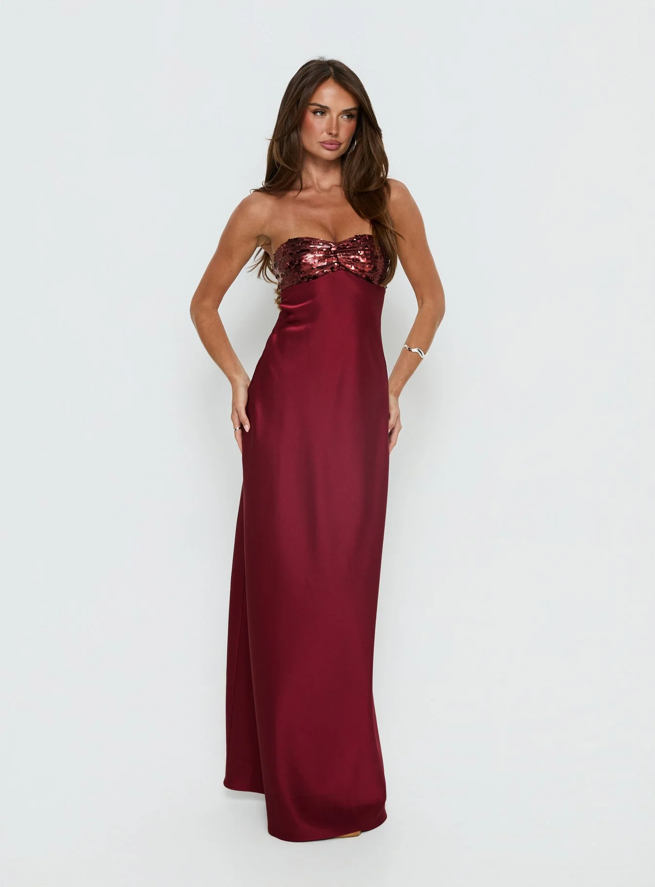 See The Vision Sequin Bust Strapless Maxi Dress Burgundy - Image 3
