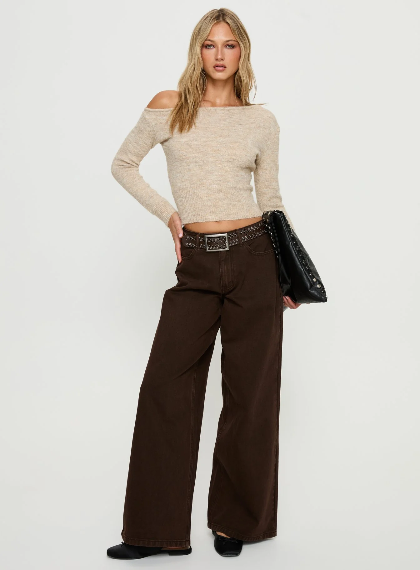 Selbey Fluffy Cinched Waist Off Shoulder Top Cream Marle - Image 2