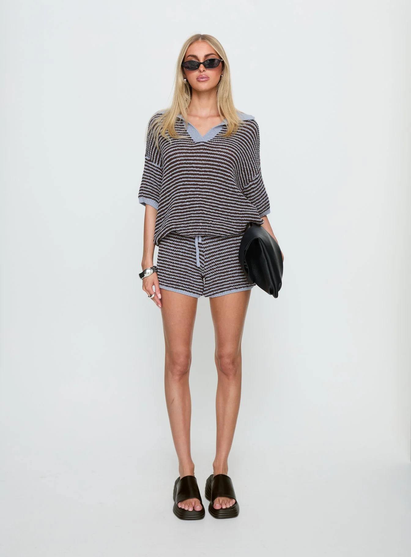 Serenique Collared Short Sleeve Knit Top Blue / Chocolate - Image 7