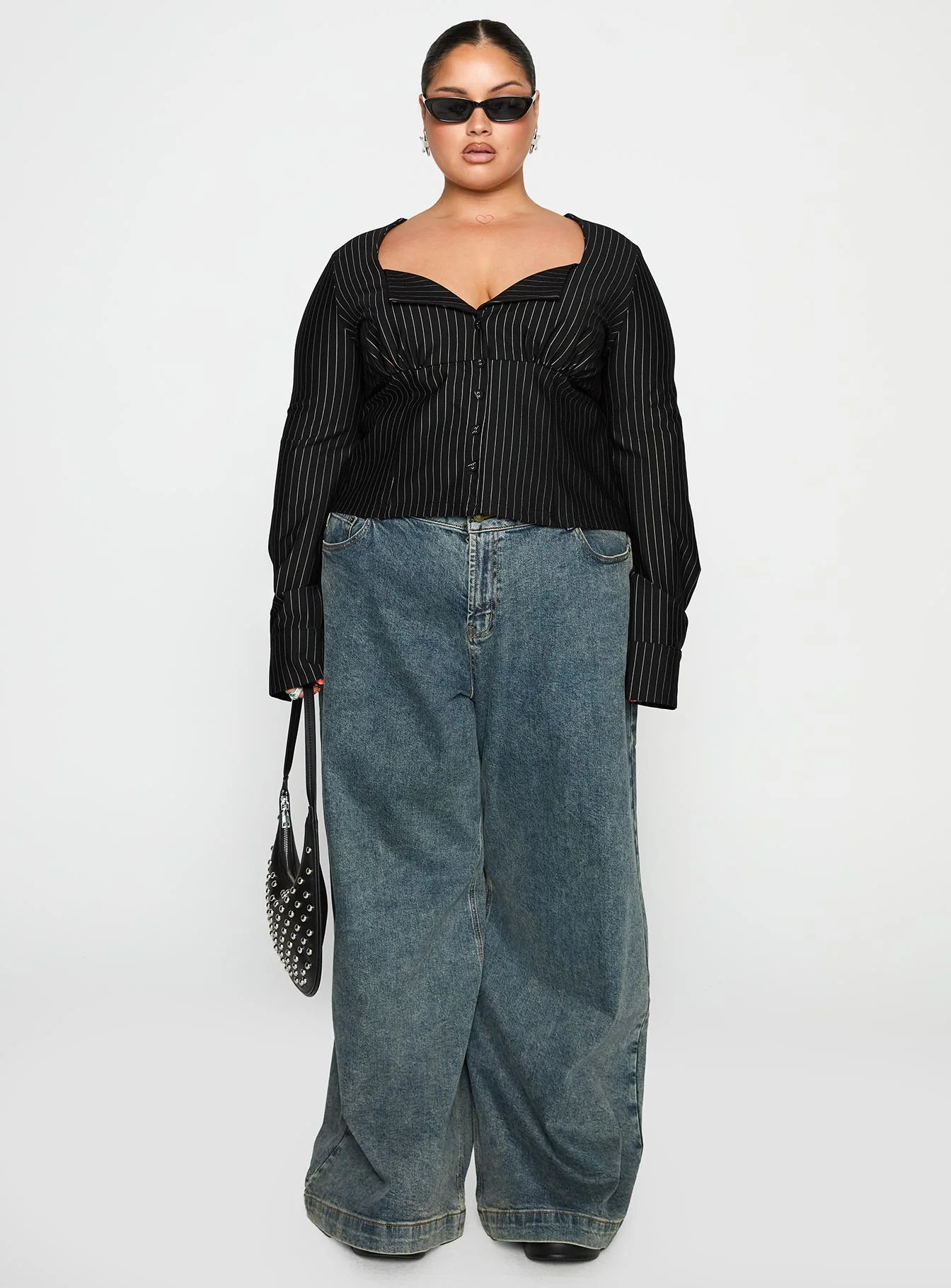 Set For Life Foldover Detail Long Sleeve Top Black / White Pinstripe Curve - Image 7