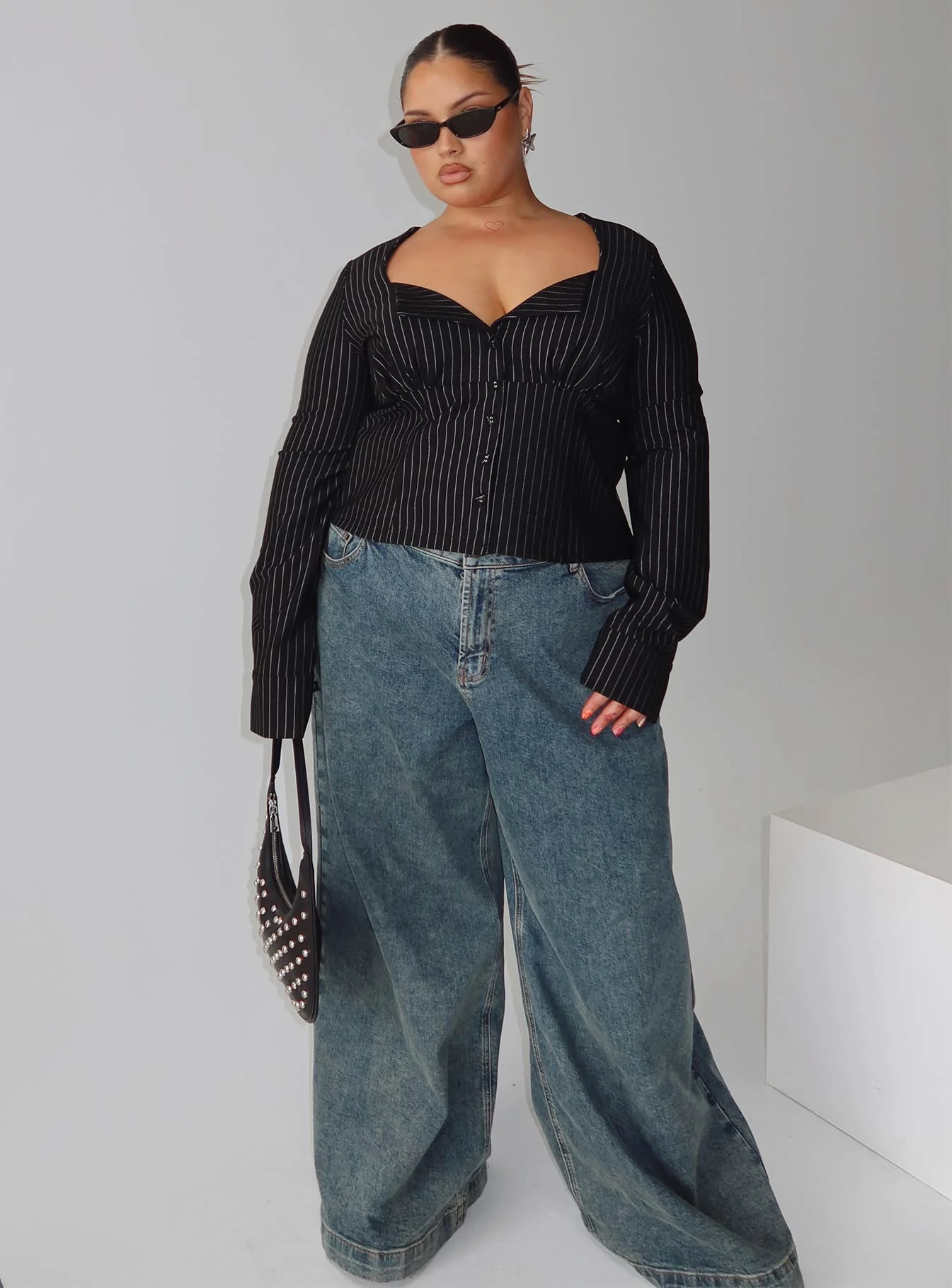 Set For Life Foldover Detail Long Sleeve Top Black / White Pinstripe Curve - Image 8