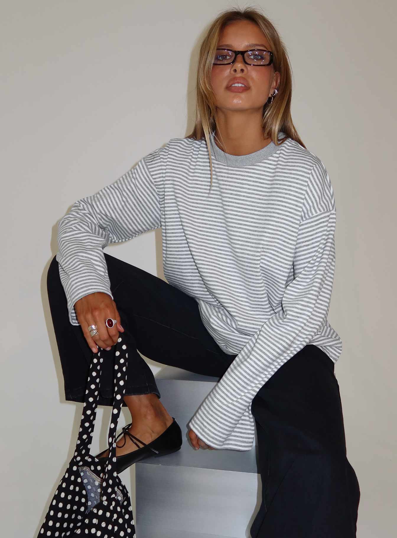 Settle Down Long Sleeve Top Grey / White Stripe - Image 2