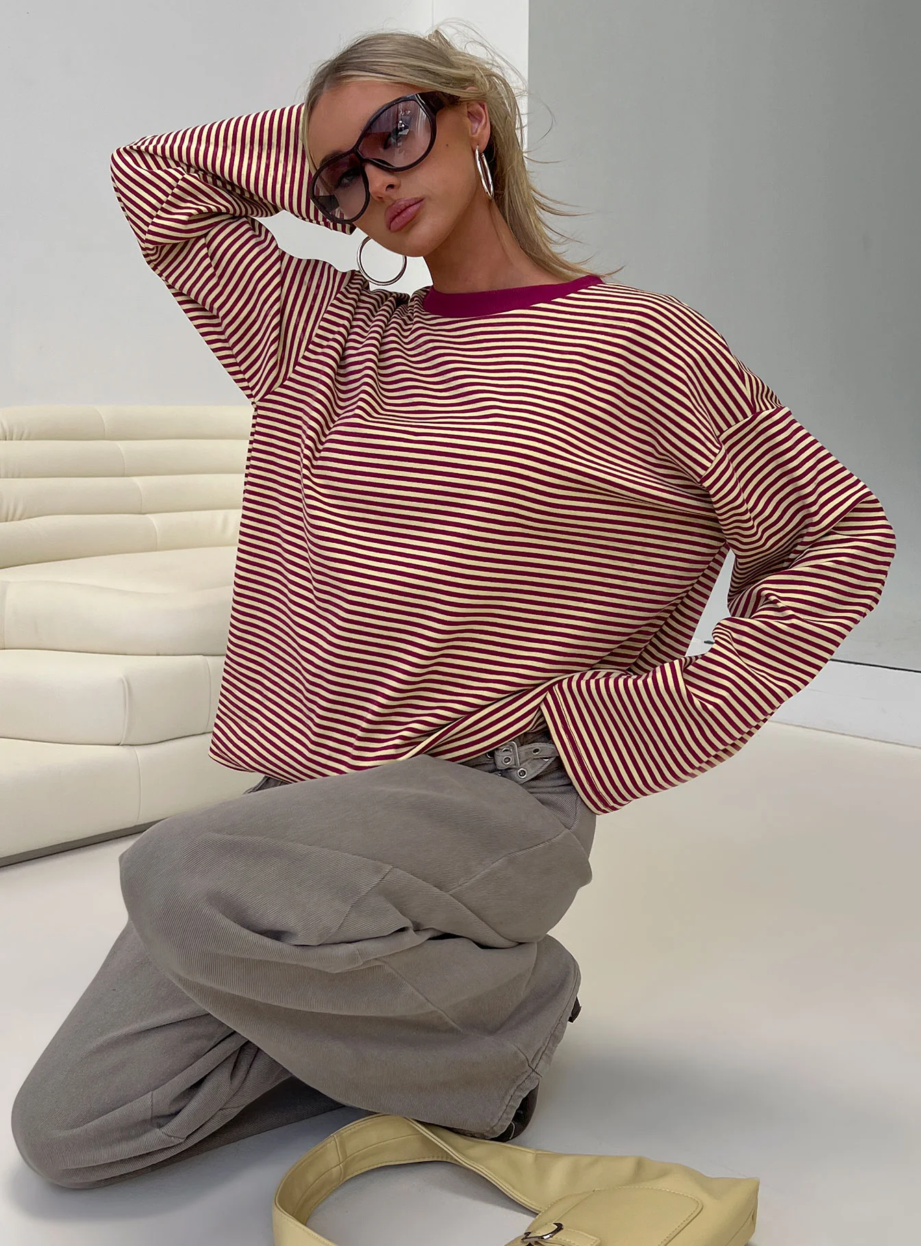 Settle Down Long Sleeve Top Lemon / Burgundy Stripe - Image 8