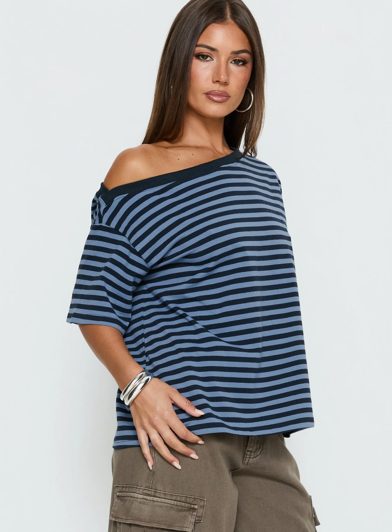 Settle Down One Shoulder Top Blue Stripe - Image 4
