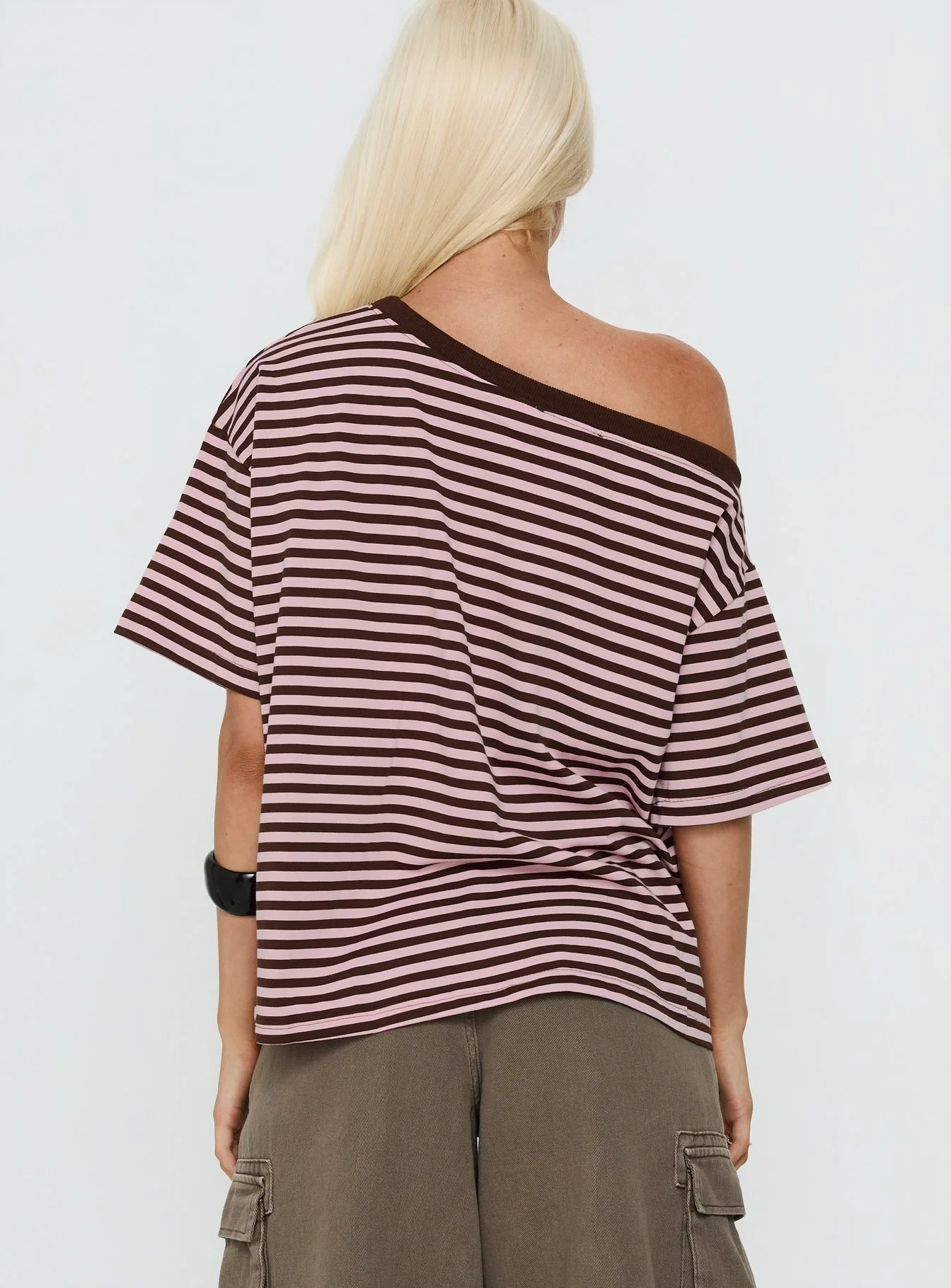 Settle Down One Shoulder Top Pink / Chocolate Stripe - Image 4