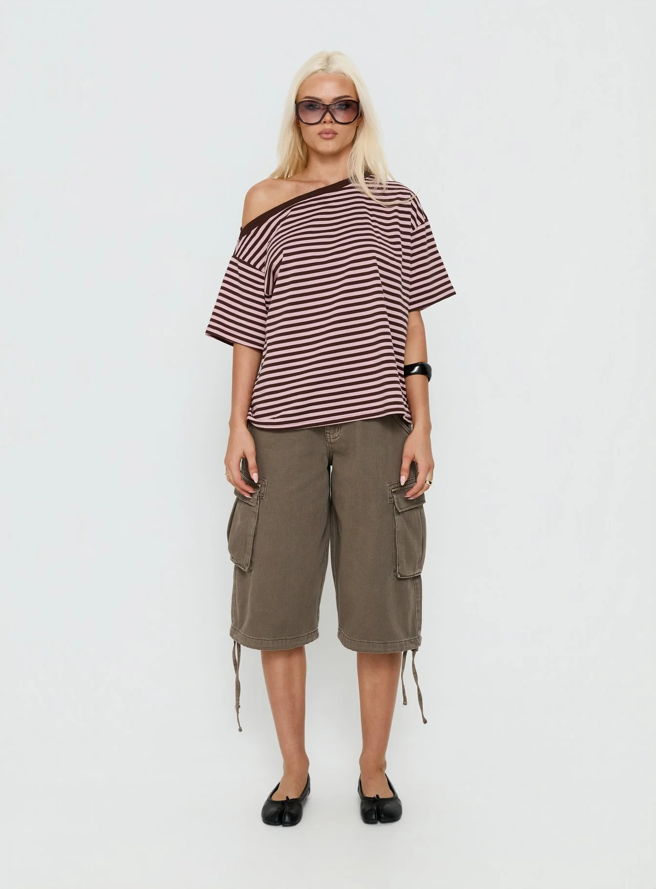 Settle Down One Shoulder Top Pink / Chocolate Stripe - Image 6