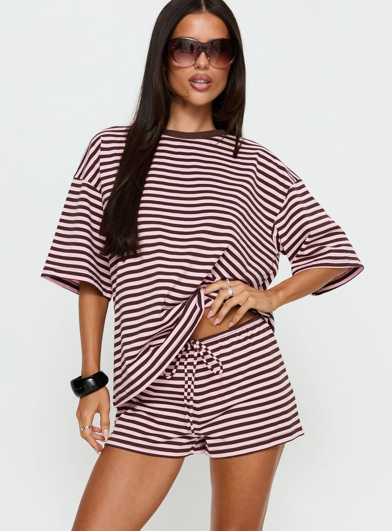 Settle Down Tie Shorts Pink / Brown Stripe - Image 2