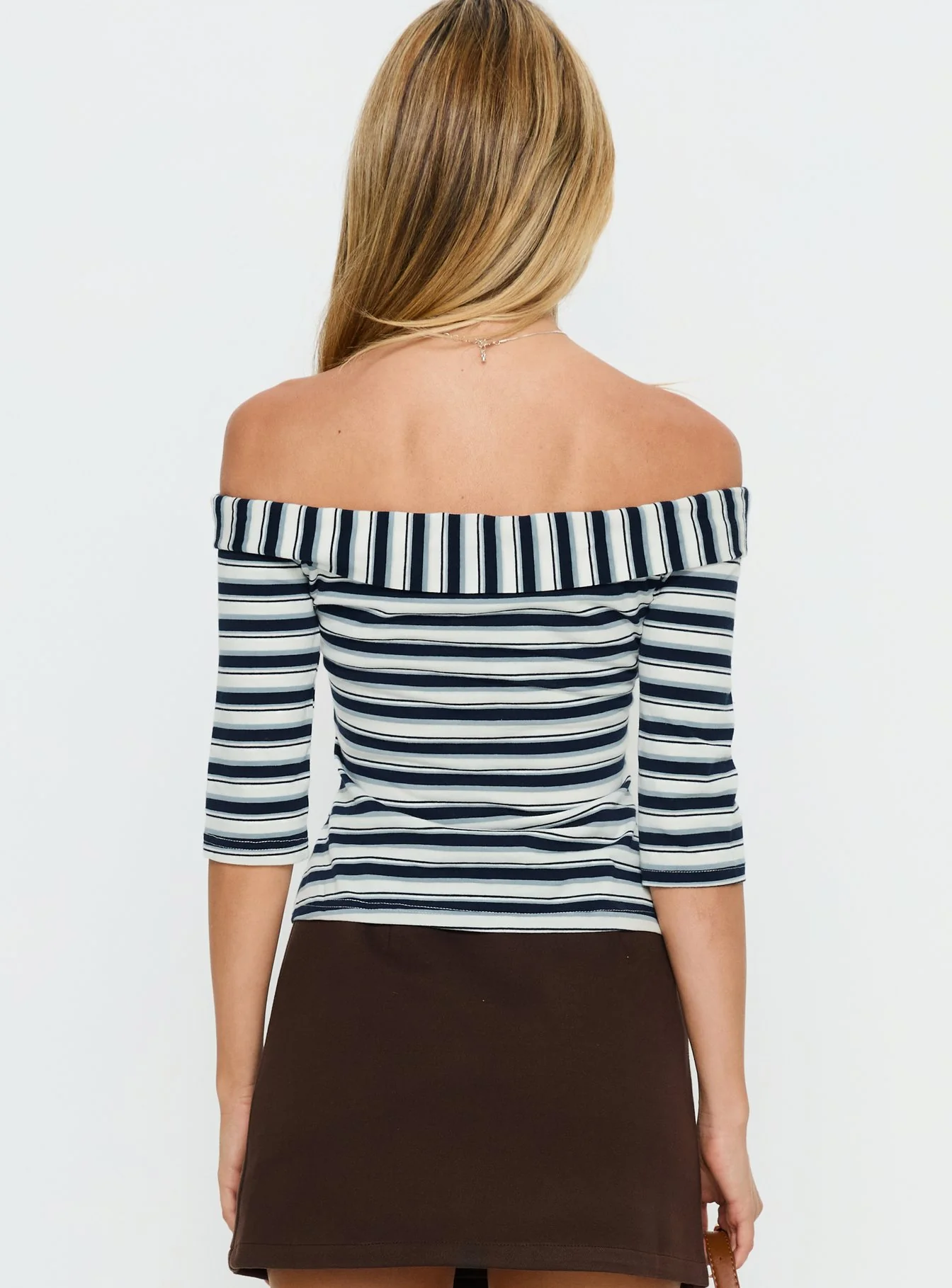 Shaylla Off Shoulder 3/4 Sleeve Top Blue Stripe - Image 4