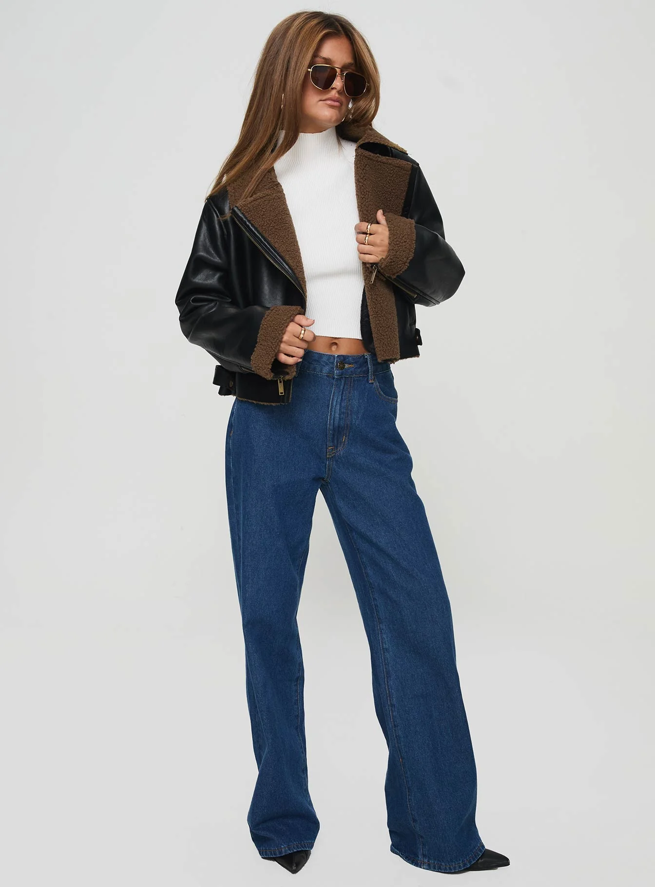 Shearling Trim Faux Leather Jacket Black - Image 2