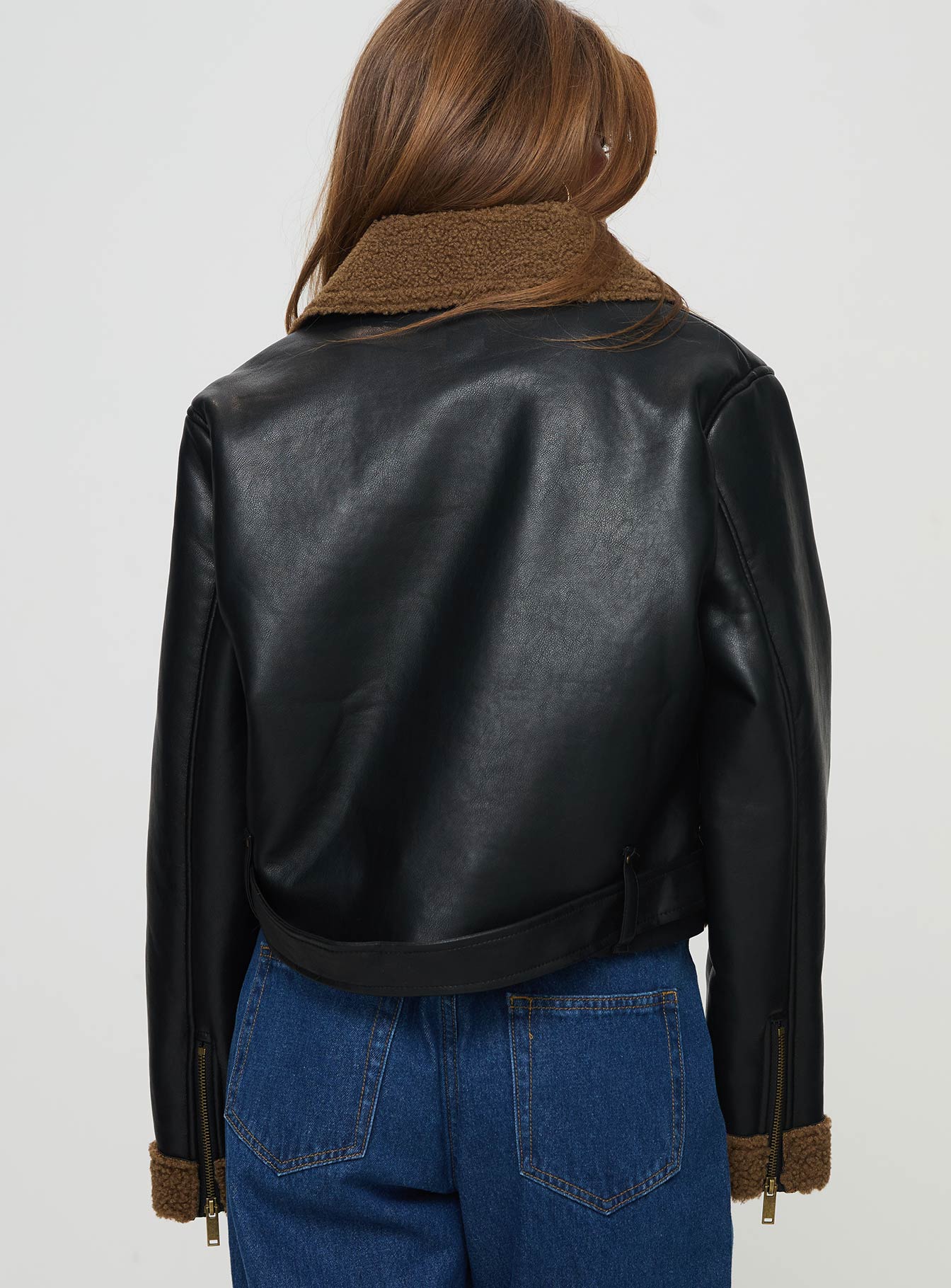 Shearling Trim Faux Leather Jacket Black - Image 4