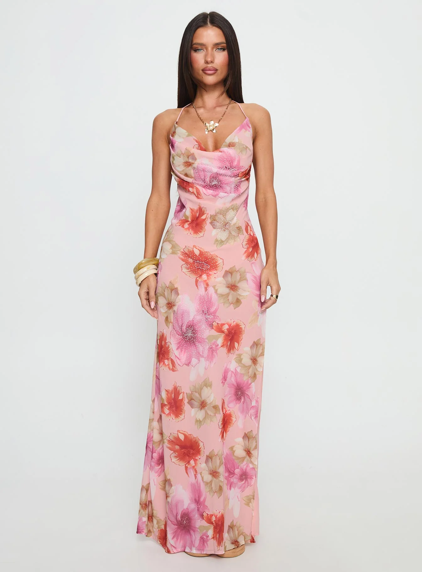 Sibellah Beaded Cowl Neck Maxi Dress Pink Multi - Image 7