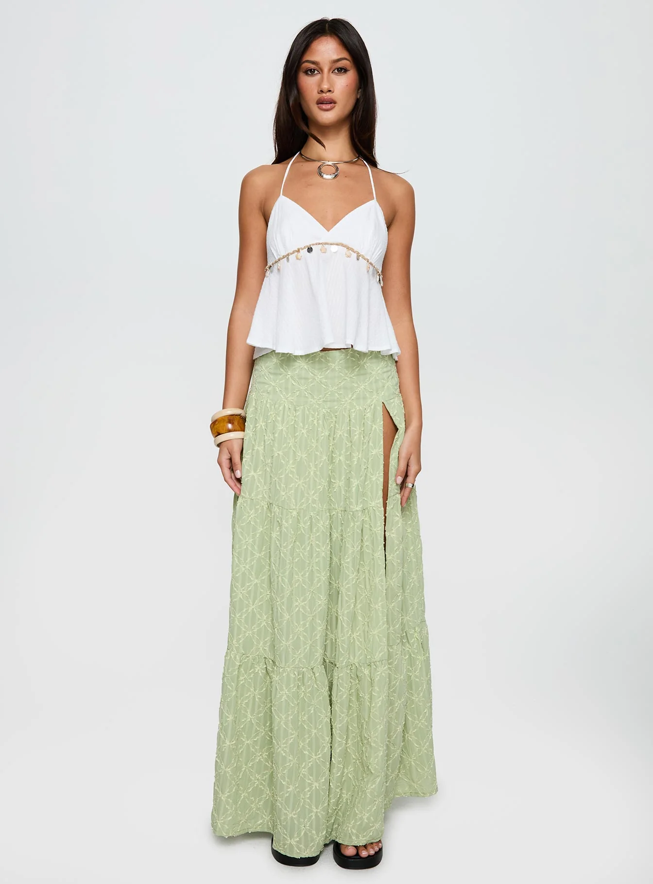 Silver Soul Embroidered Maxi Skirt Sage - Image 6