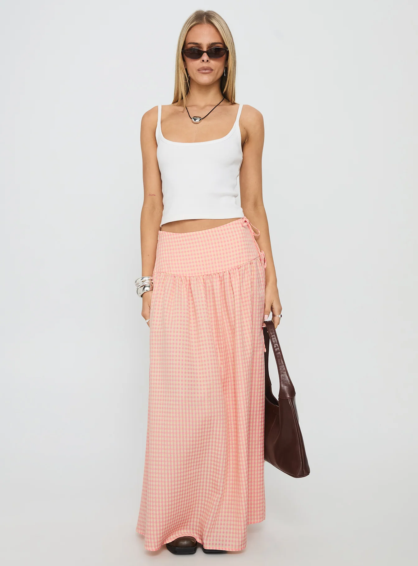 Analeah Tie Side Midi Skirt Orange Check - Image 2