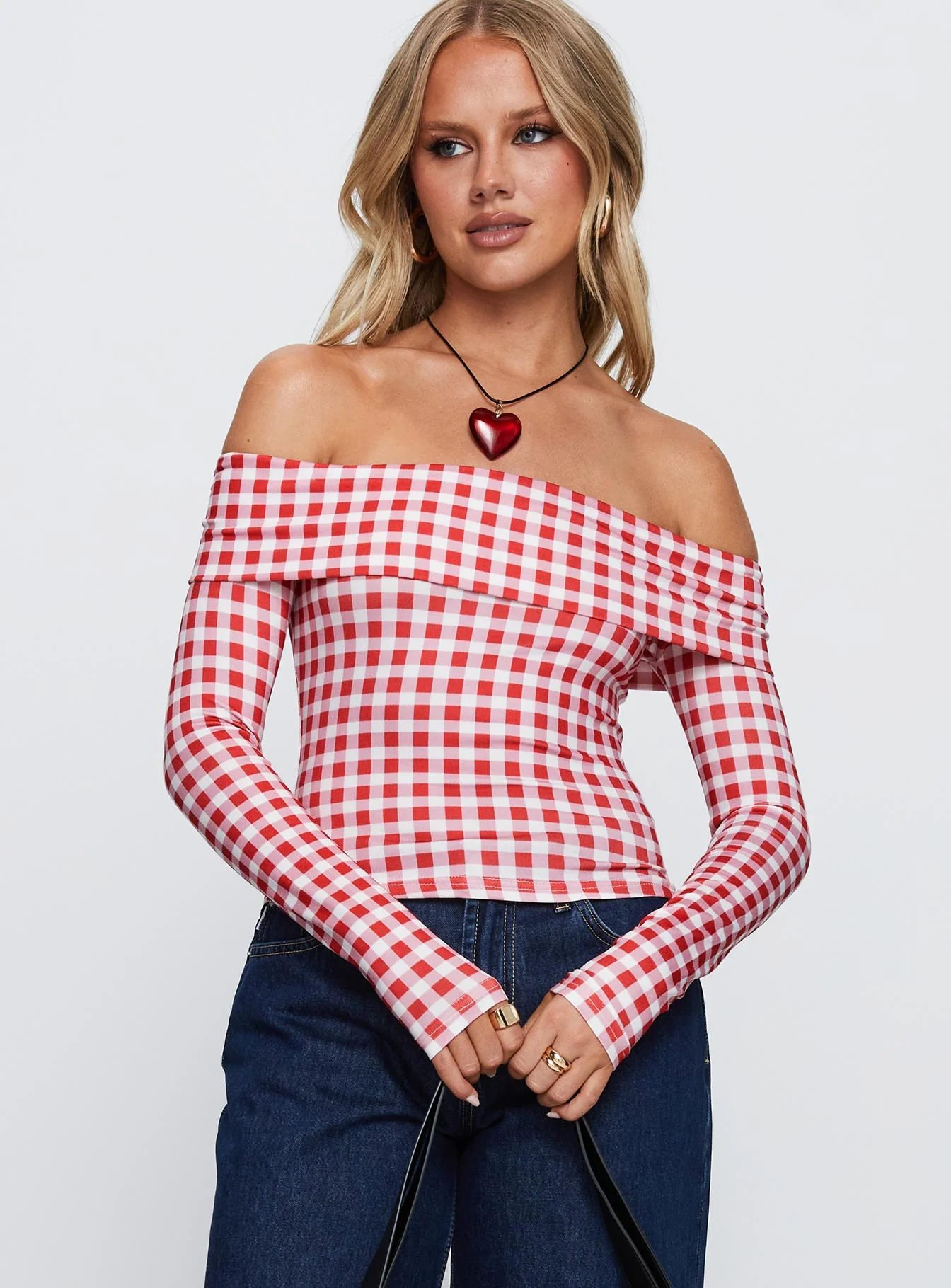 Singular Off The Shoulder Long Sleeve Top Red Check - Image 2