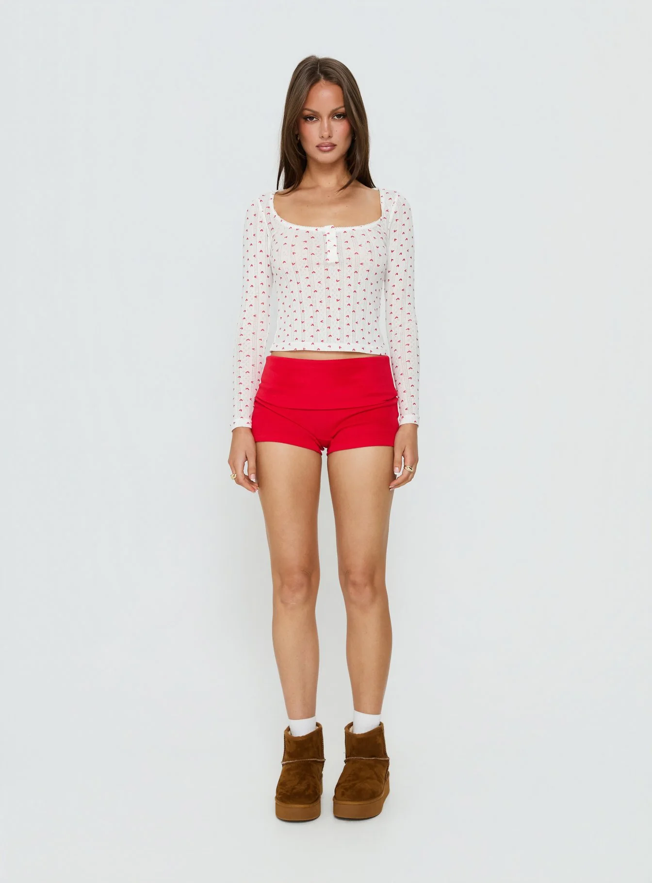 Sleepytea Pointelle Sleep Long Sleeve Top White / Red - Image 6