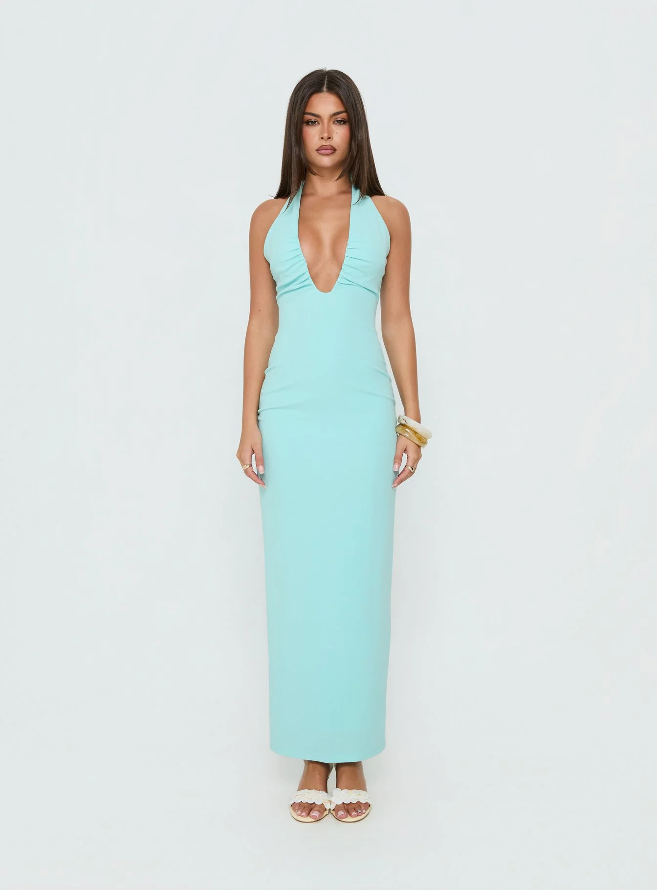 Soft Storm Plunge Halter Maxi Dress Turquoise - Image 6