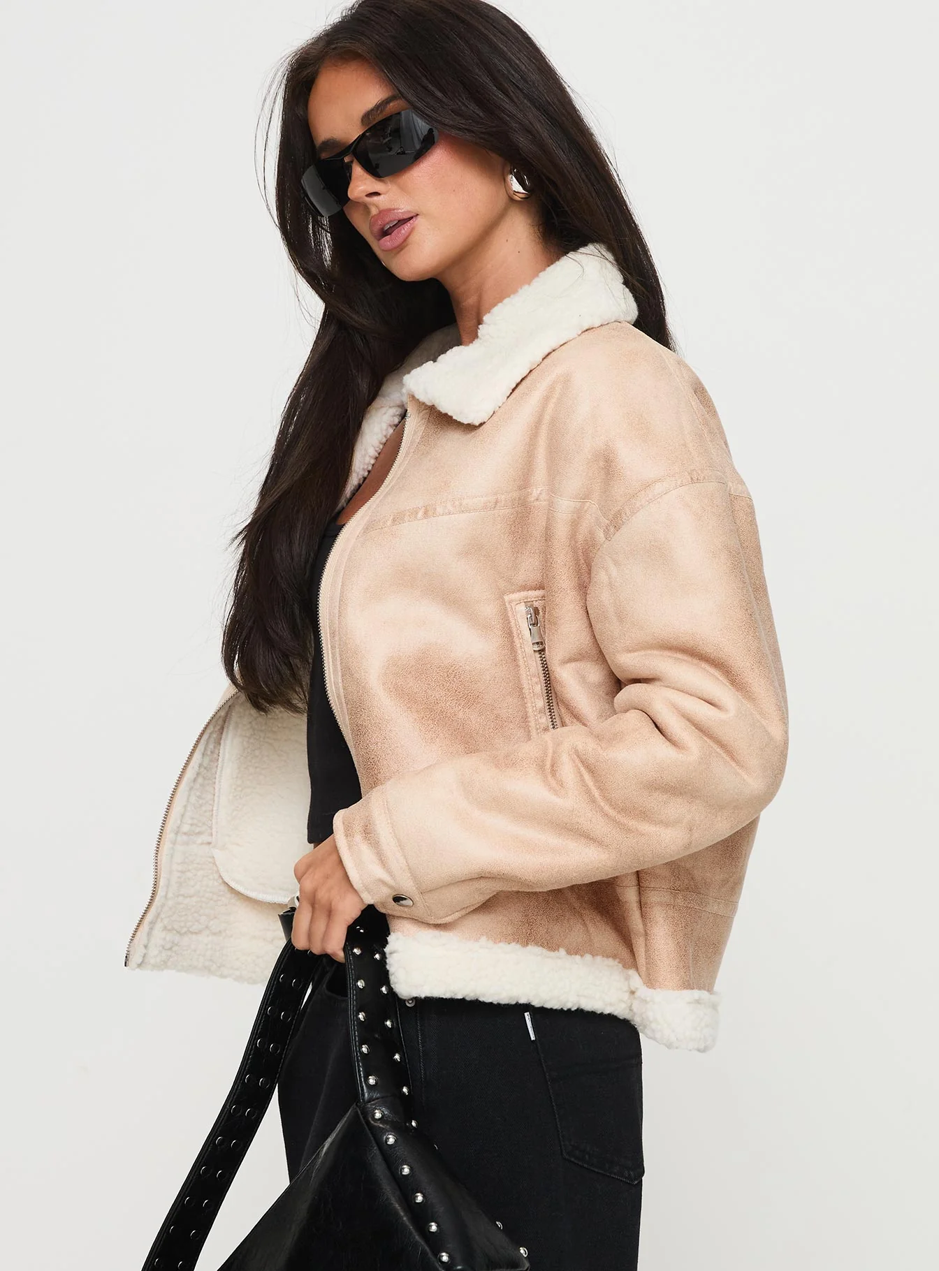 Solara Faux Leather Shearling Jacket Beige - Image 4