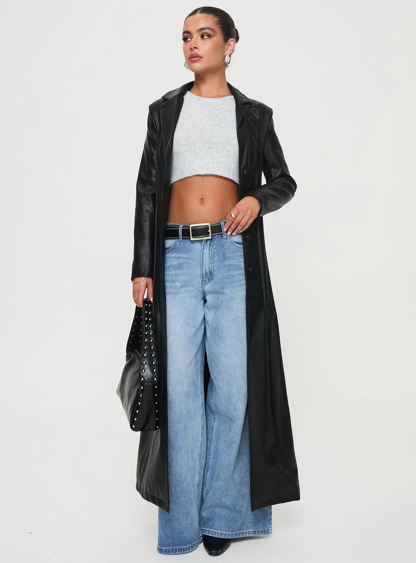 Speak Easy Long Line Faux Leather Coat Black - Image 2