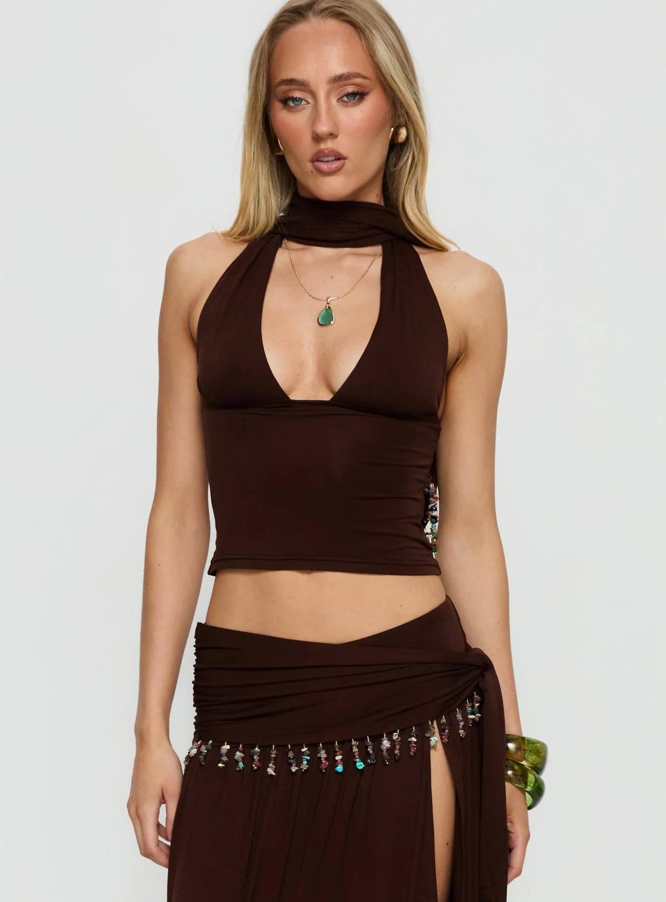Spirita Beaded Halter Top Brown - Image 2