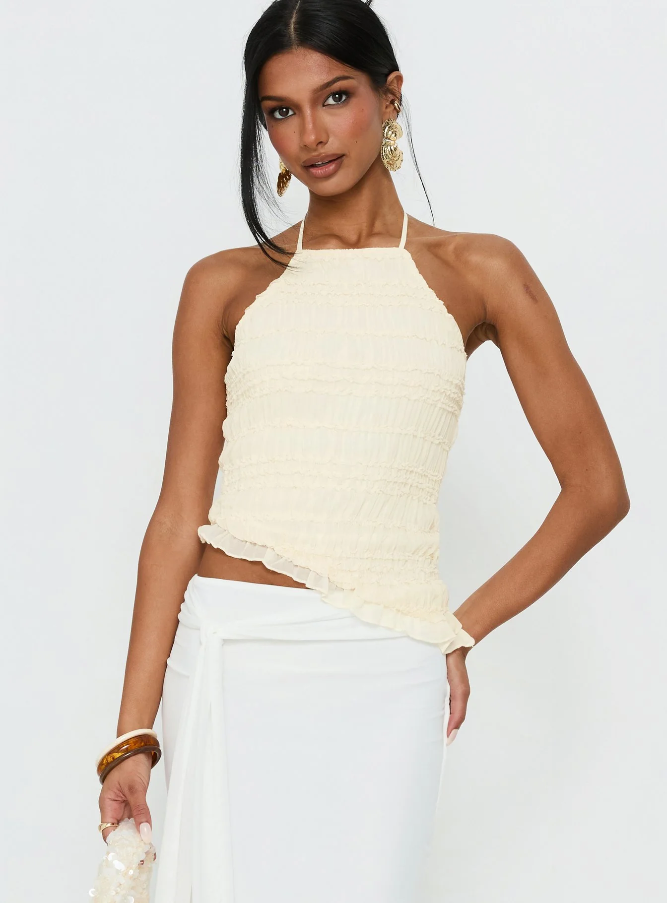 Stairway To Heaven Shirred Asymmetrical Halter Top Cream - Image 2