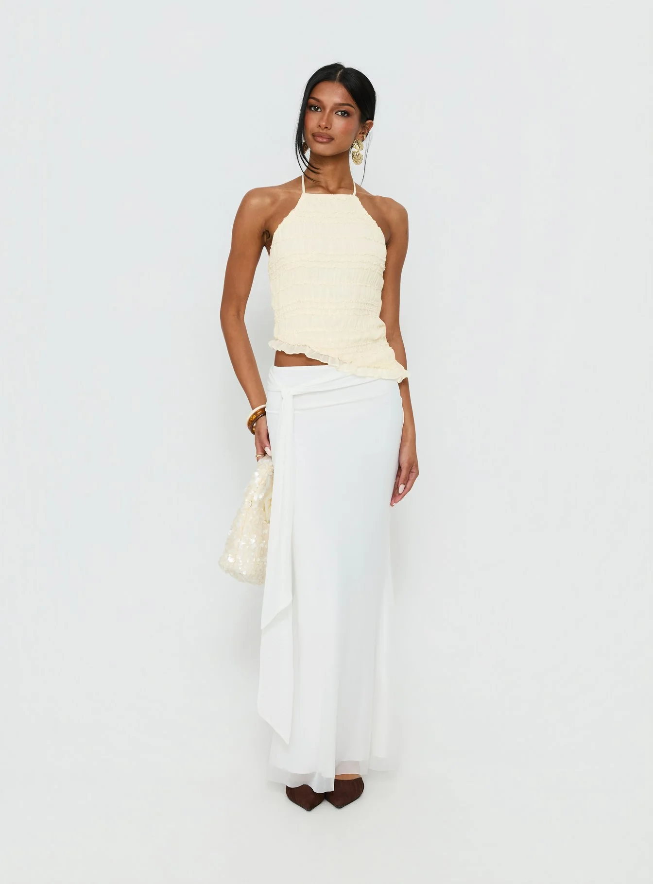 Stairway To Heaven Shirred Asymmetrical Halter Top Cream - Image 3