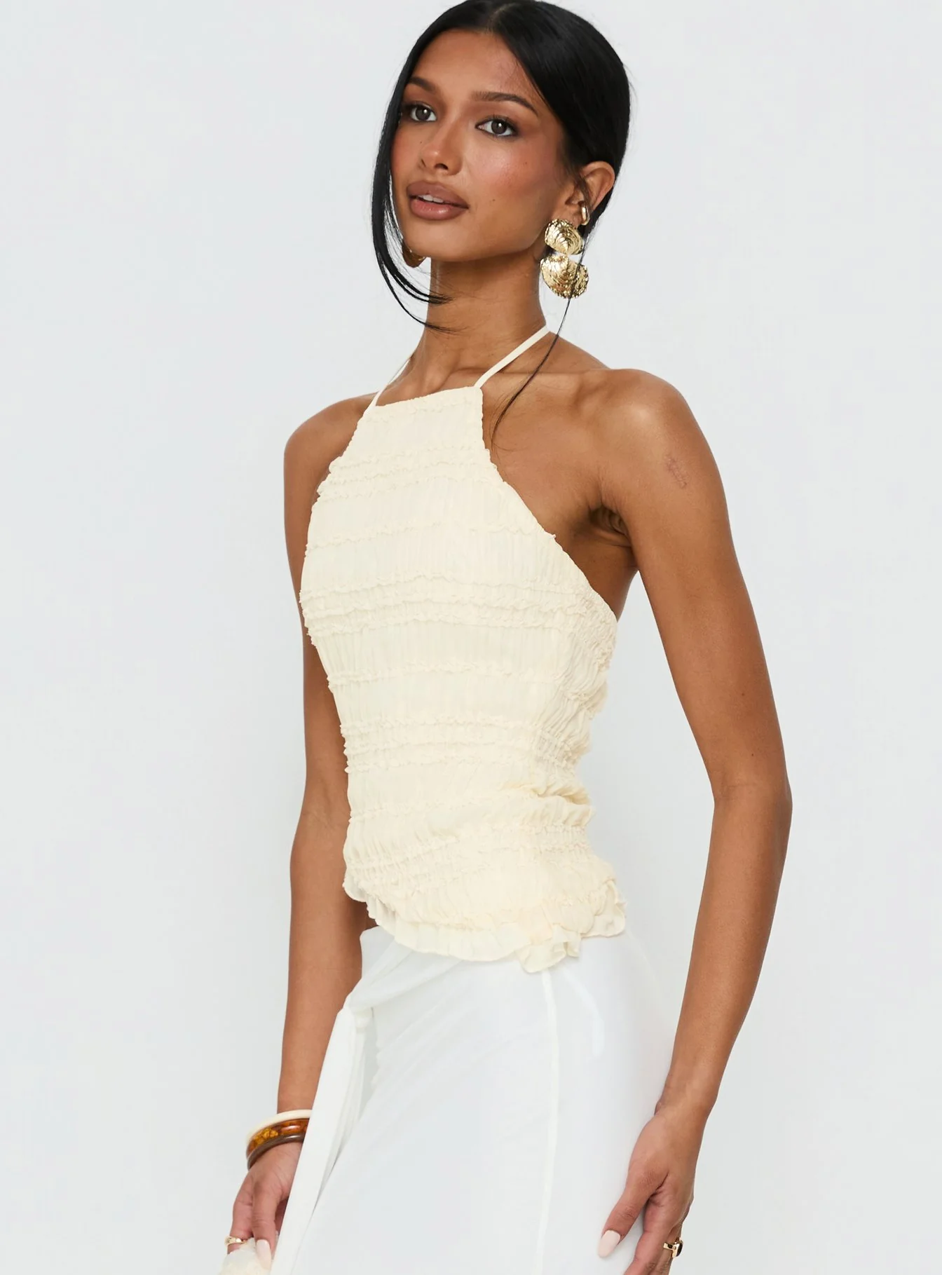 Stairway To Heaven Shirred Asymmetrical Halter Top Cream - Image 4