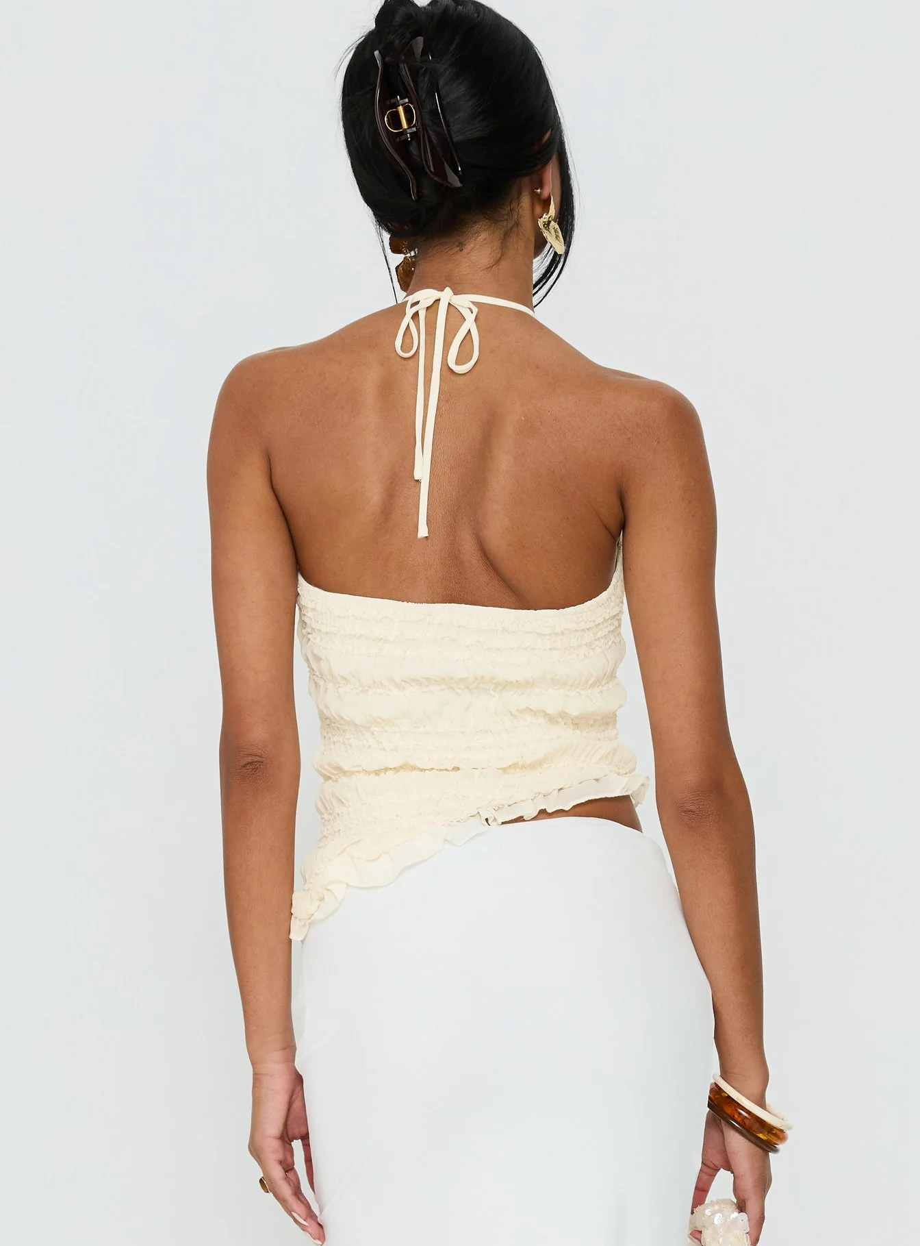 Stairway To Heaven Shirred Asymmetrical Halter Top Cream - Image 5