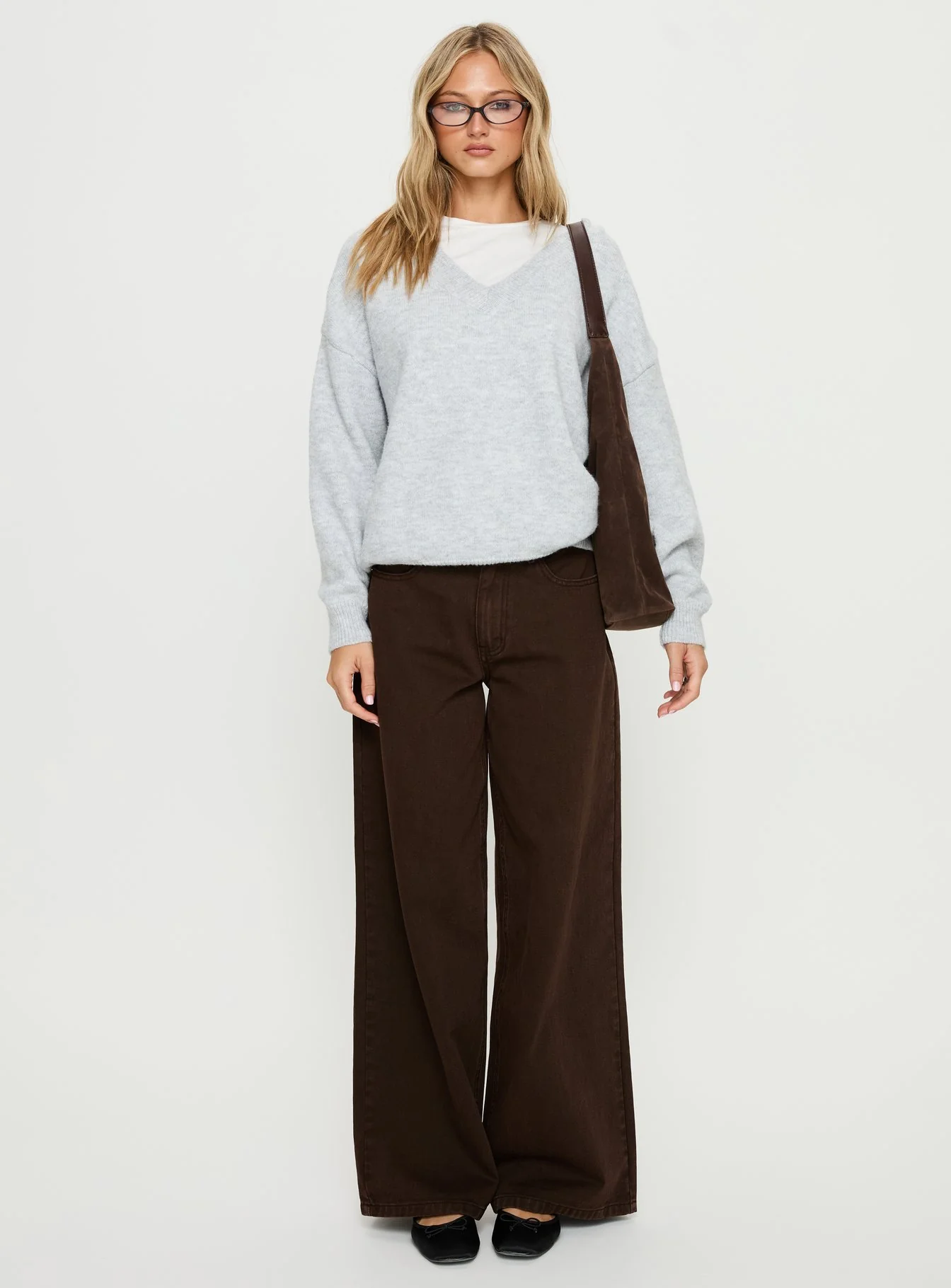Stay The Night V Neck Knit Sweater Grey Marle - Image 6