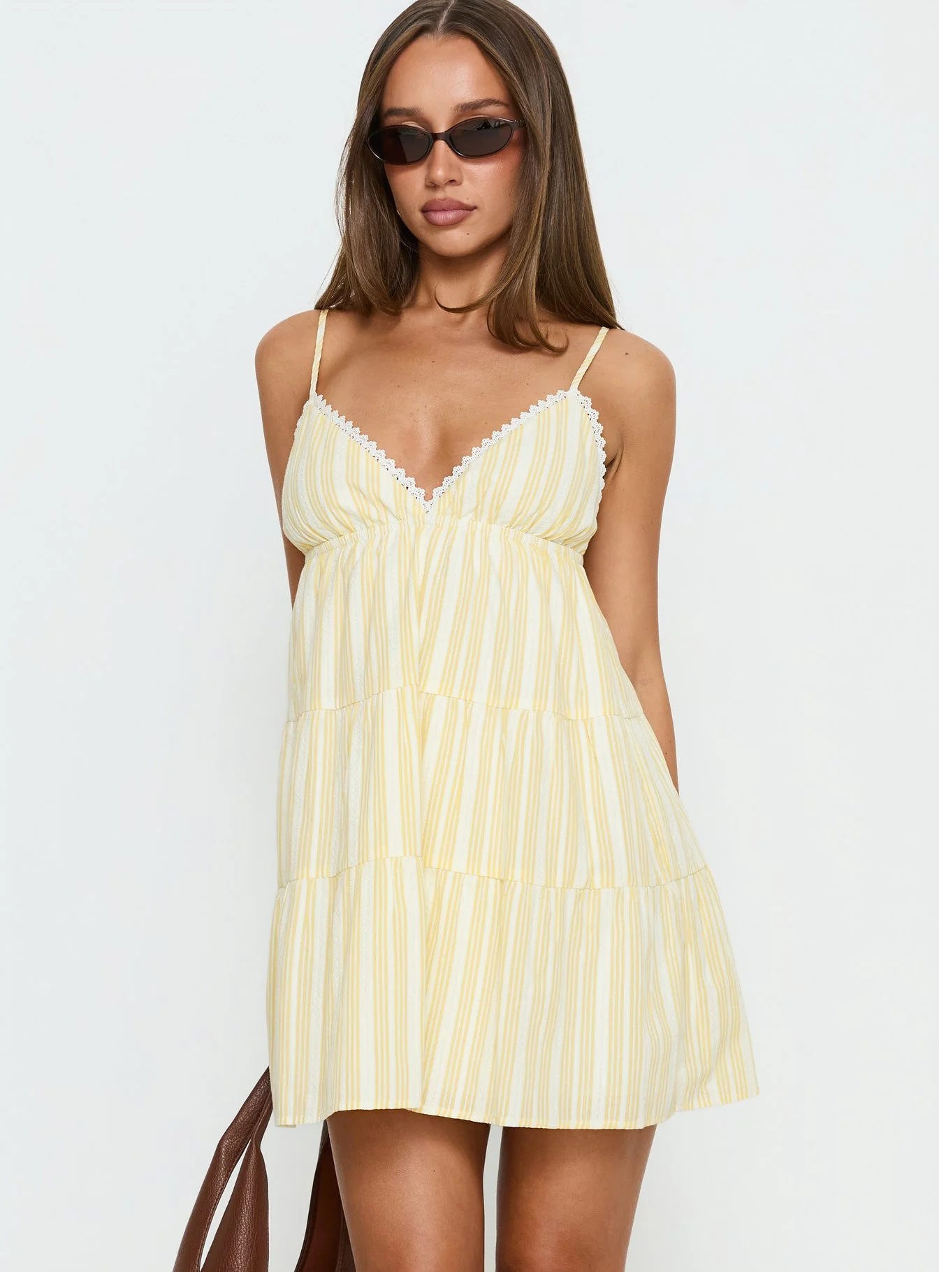 Summer Air V Neck Tiered Mini Dress Yellow - Image 2