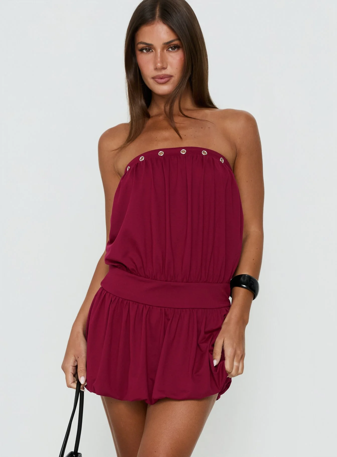 Lenika Eyelet Strapless Mini Dress Burgundy - Image 2