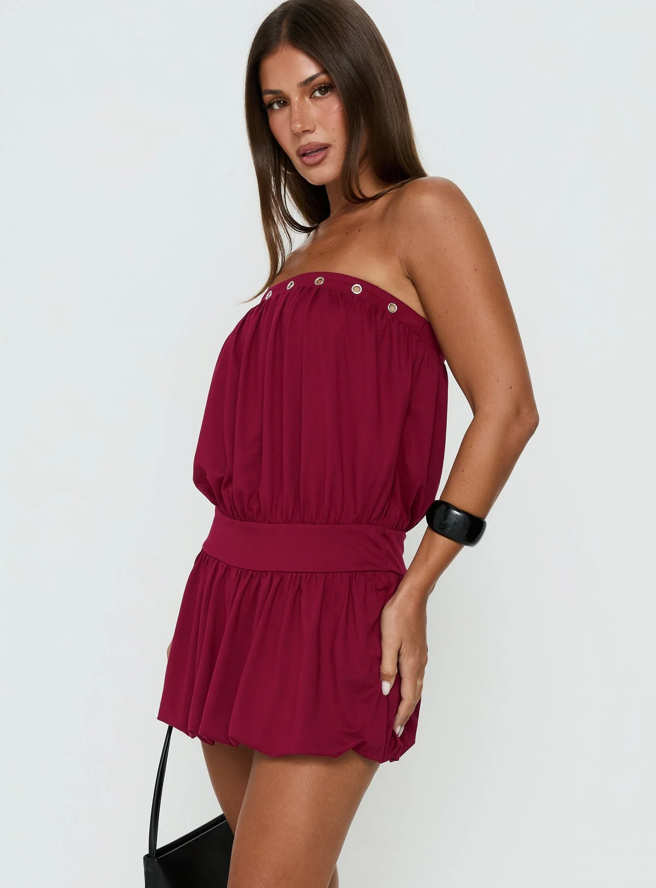 Lenika Eyelet Strapless Mini Dress Burgundy - Image 4