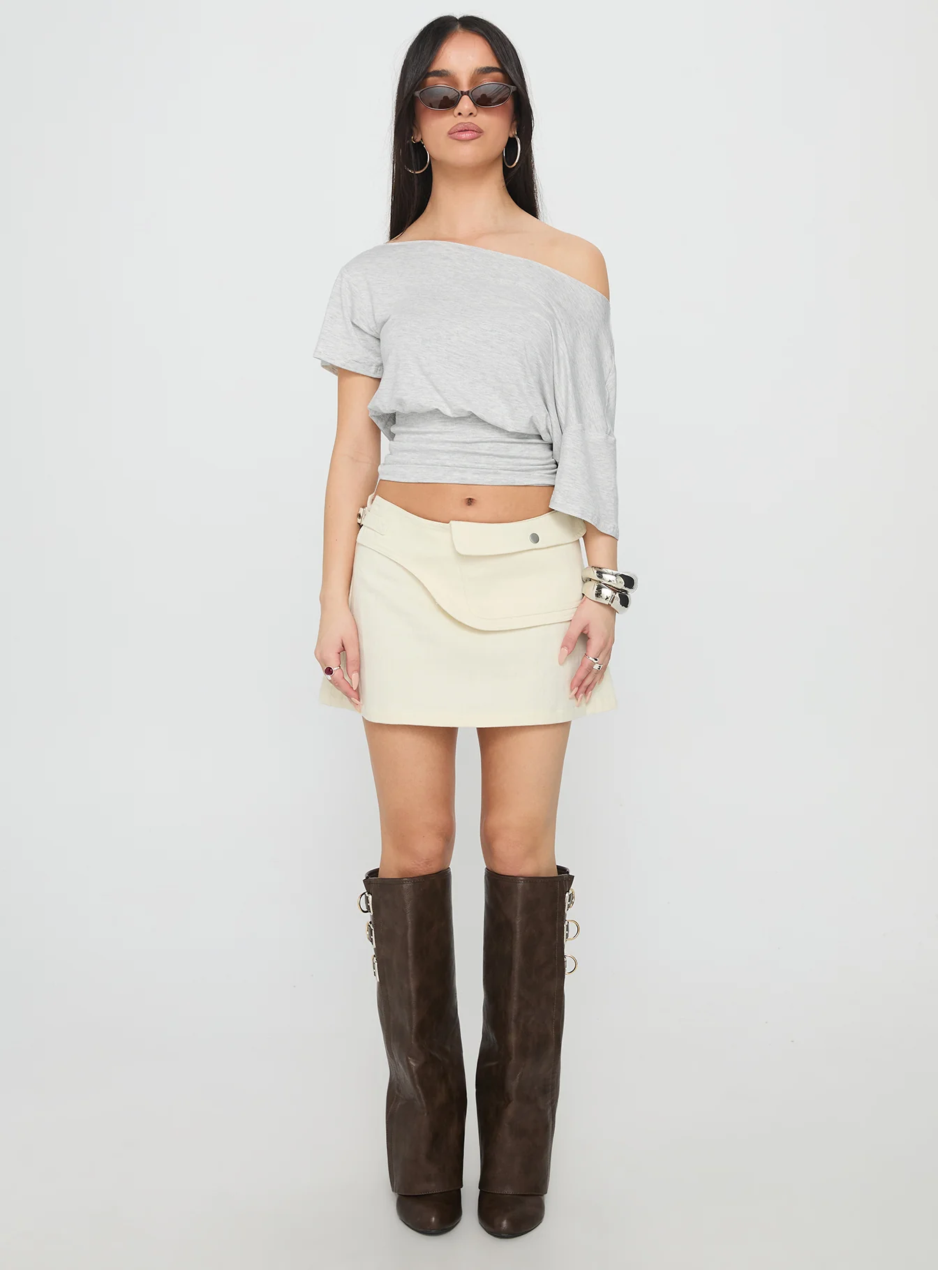 Supersonic Belted Denim Mini Skirt Ivory - Image 8