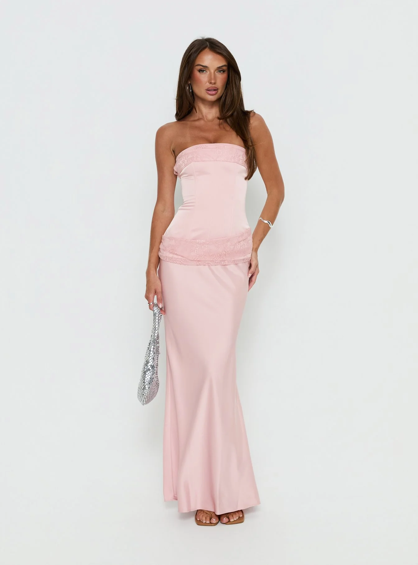 Sura Strapless Lace Detail Maxi Dress Pink - Image 3