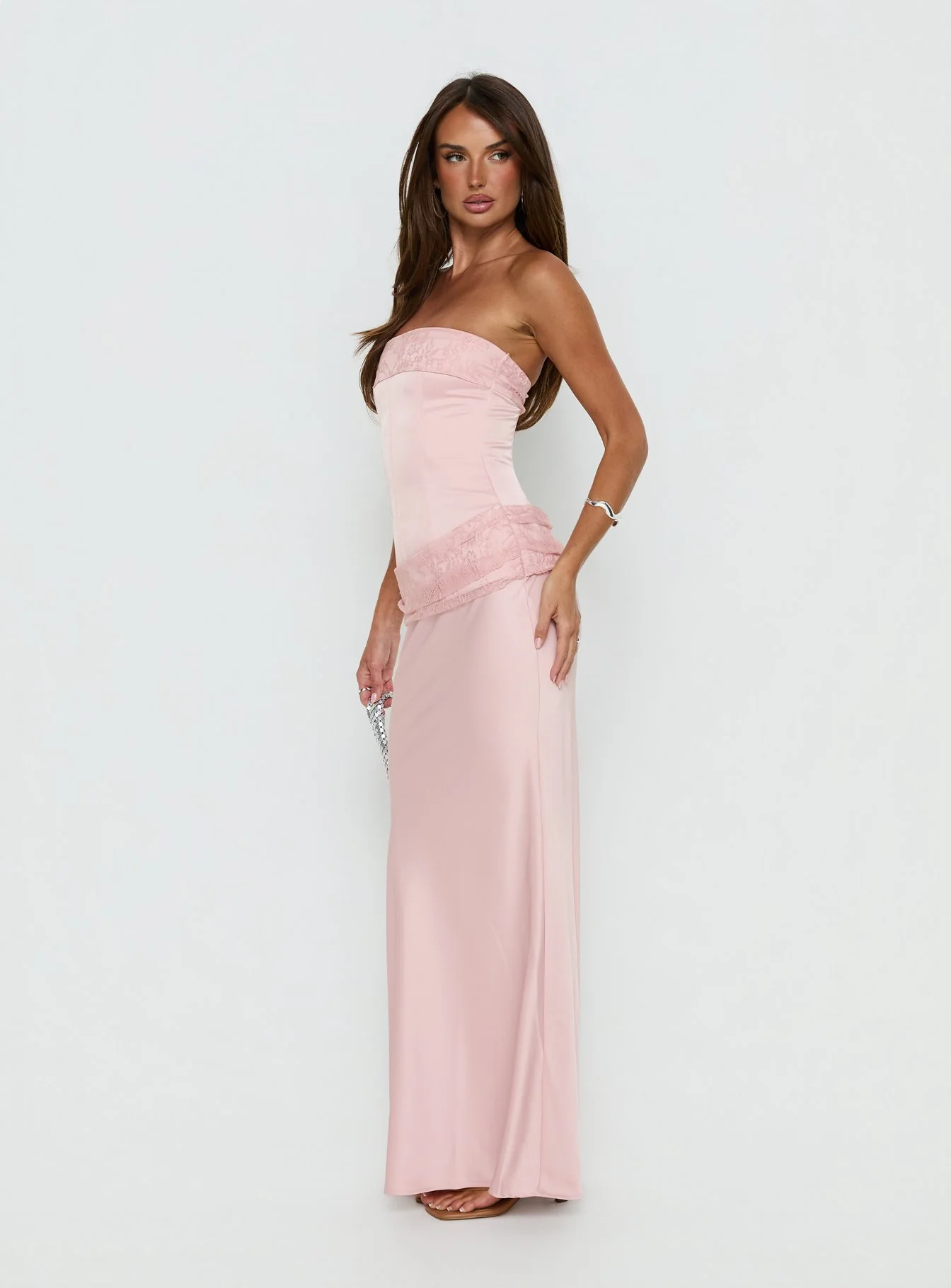 Sura Strapless Lace Detail Maxi Dress Pink - Image 4