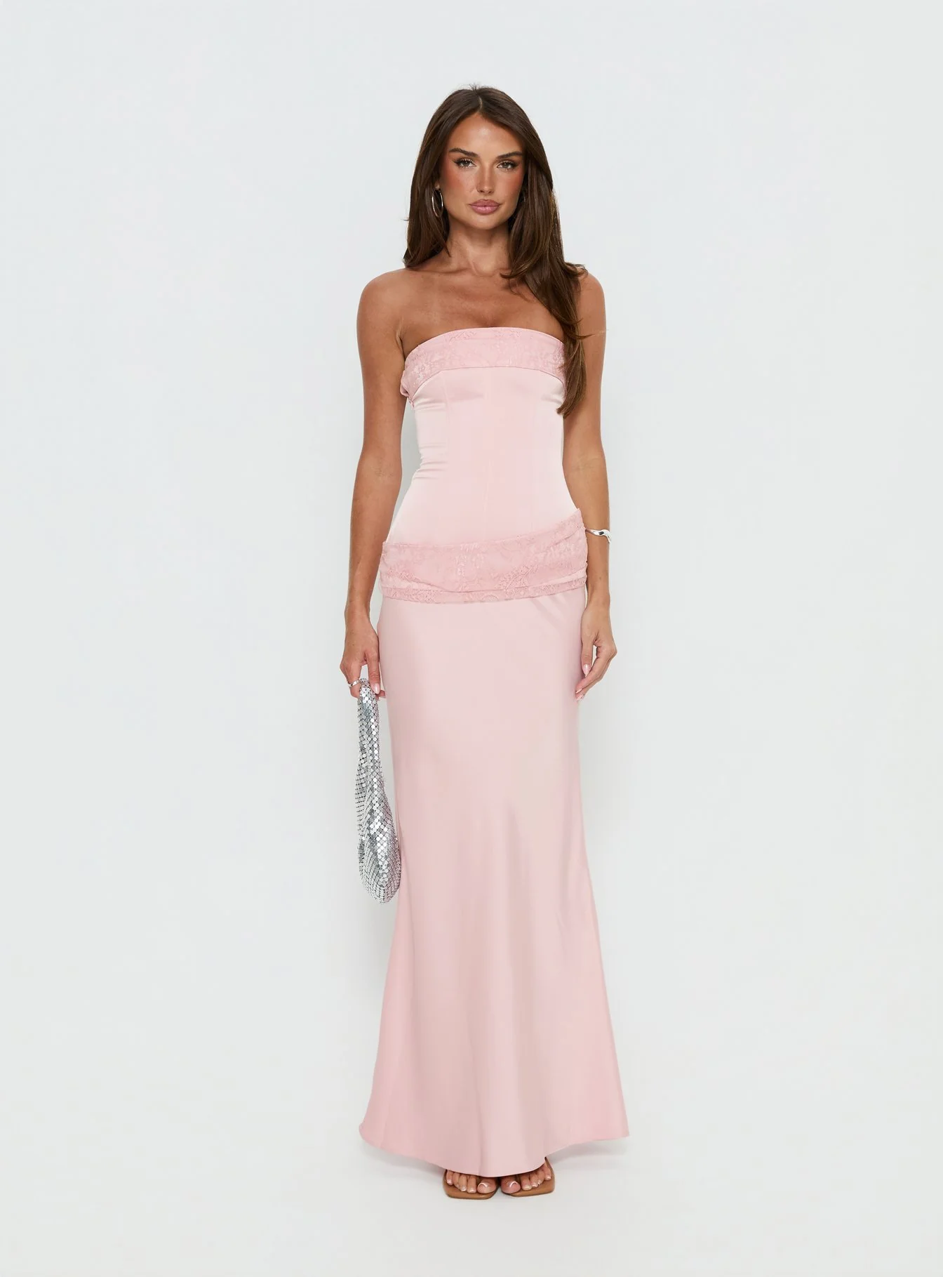 Sura Strapless Lace Detail Maxi Dress Pink - Image 7