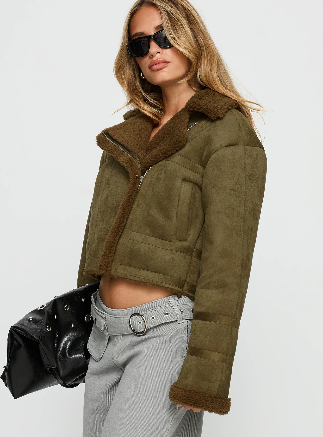 Swooning Cropped Faux Suede Jacket Green - Image 3