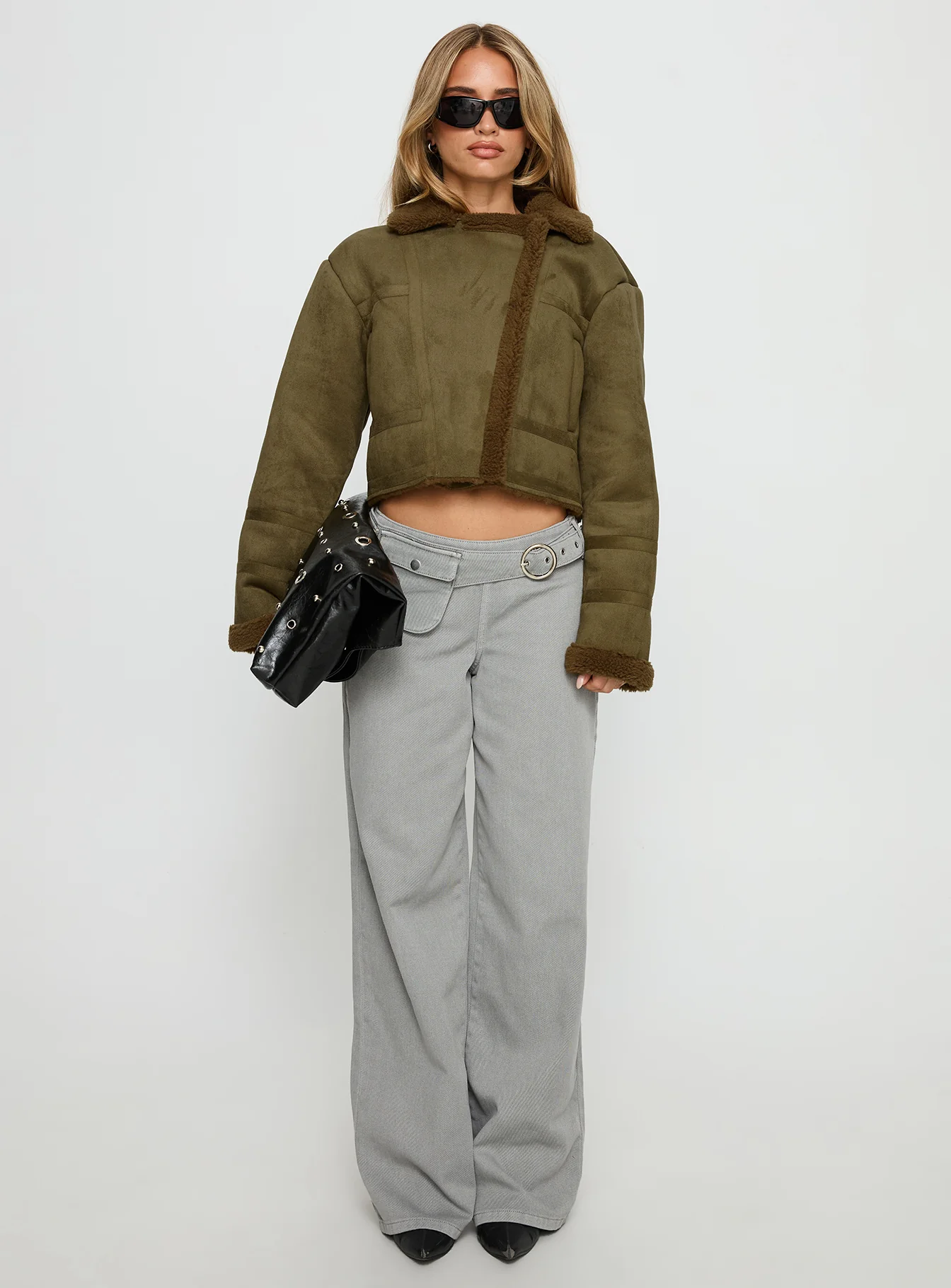 Swooning Cropped Faux Suede Jacket Green - Image 6