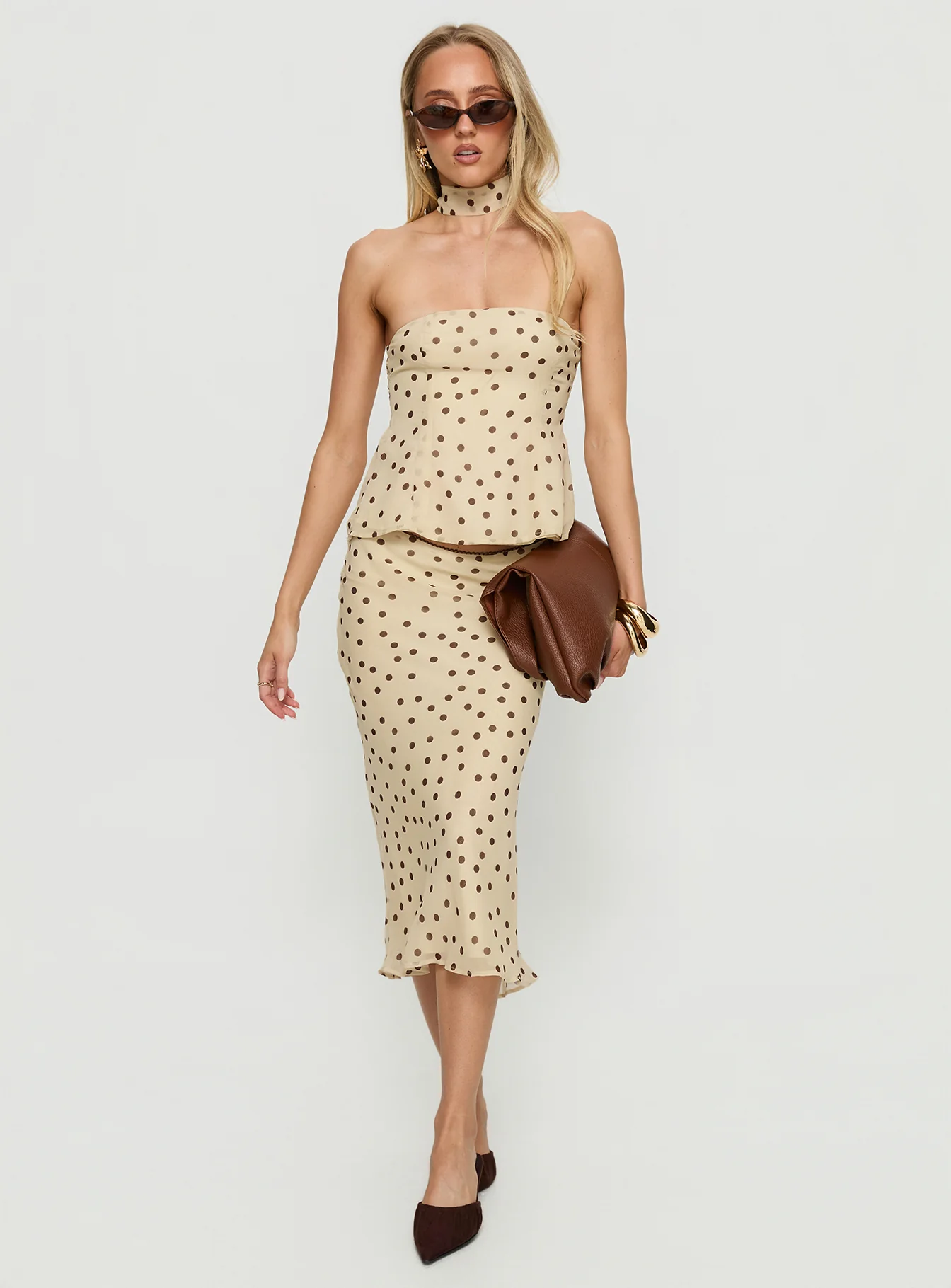 Sydni scarf detail strapless top Yellow / Chocolate Polka Dot - Image 3